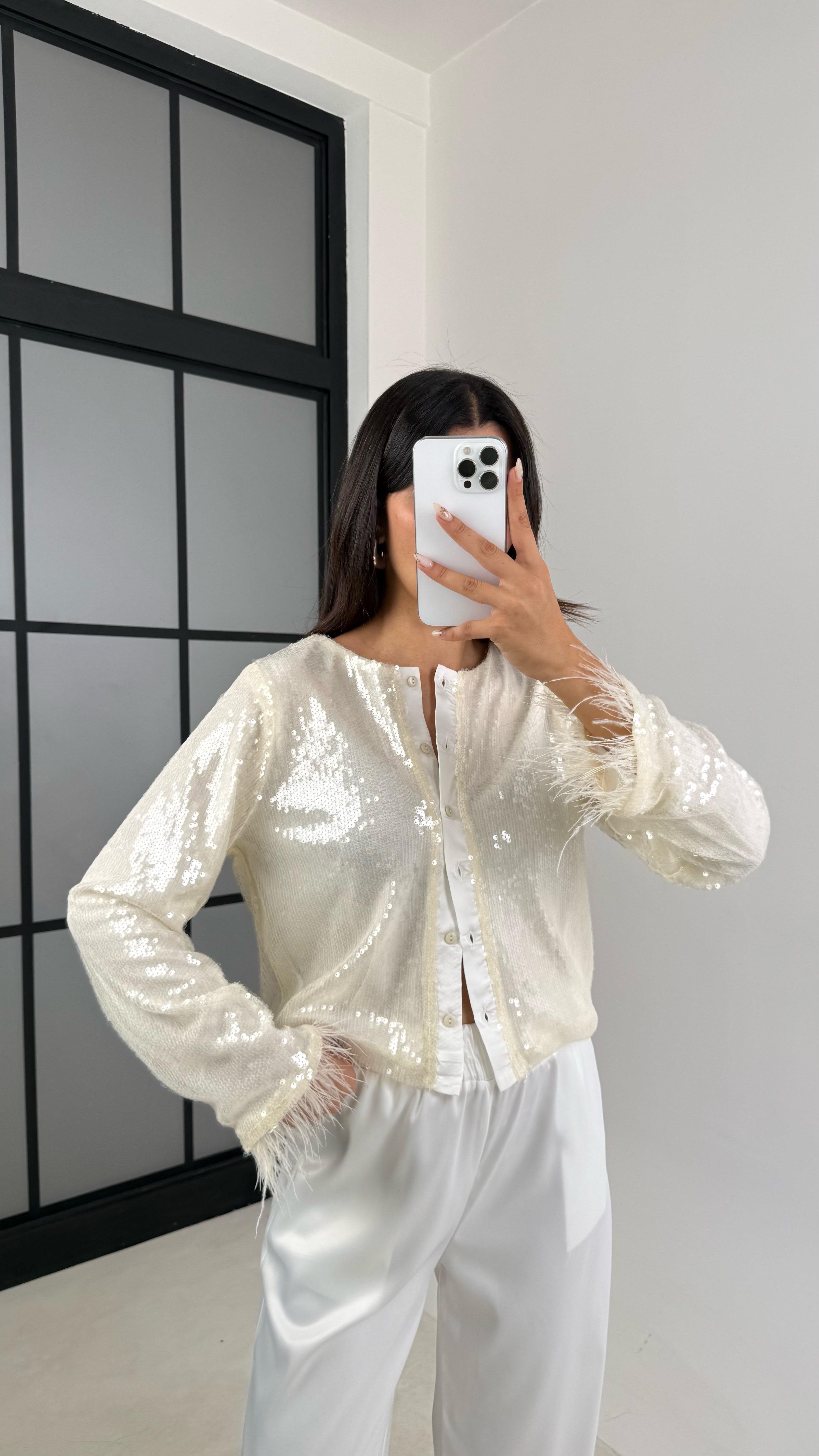 Ekru Pul Payetli Astarlı Tasarım Ceket Gömlek GAUS-0044GAUS القمصان GAUS-0044