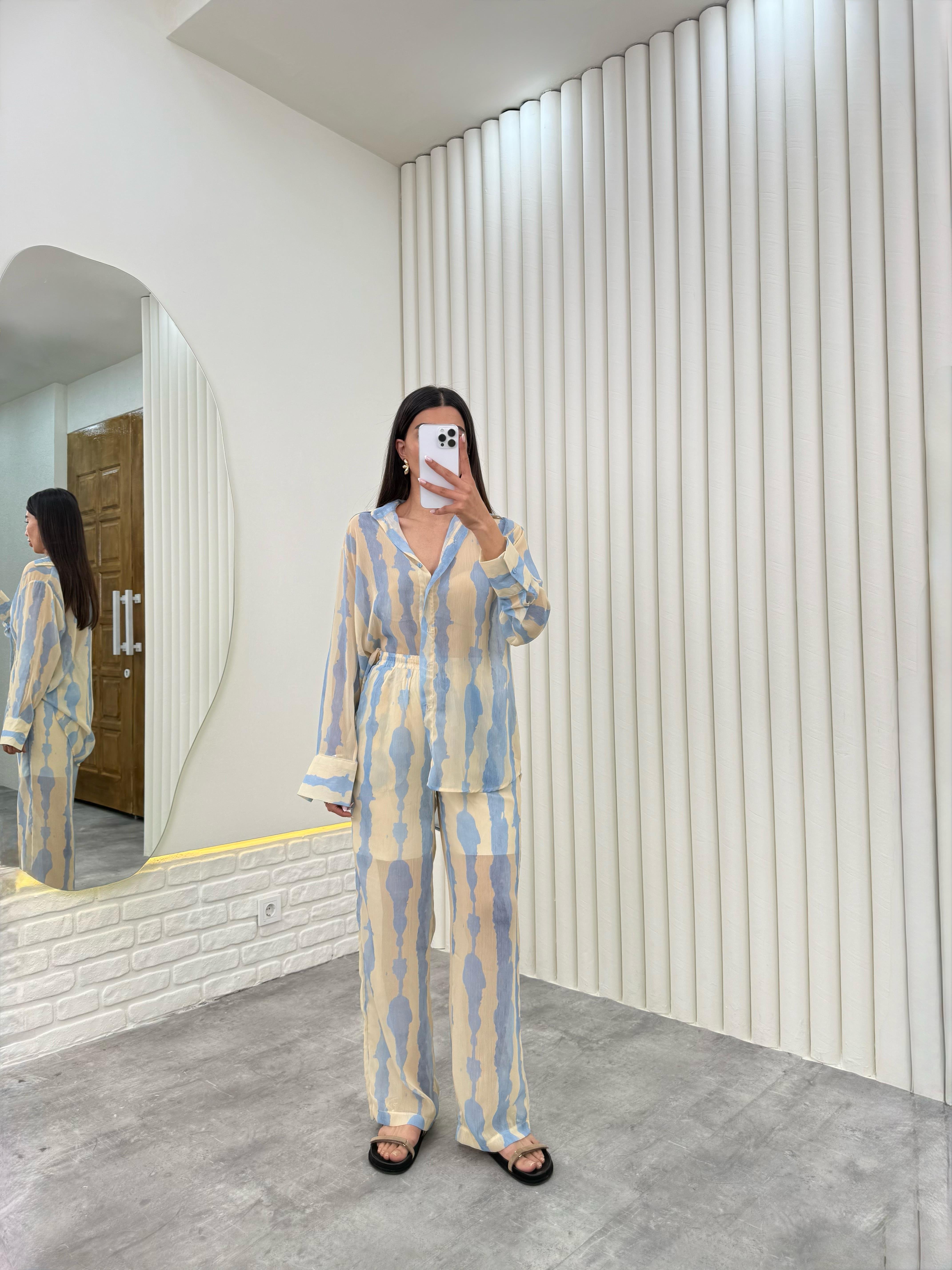 Mavi Yarım Astarlı Desenli Tül Takım Gaus00281GausTAKIMGU1001654