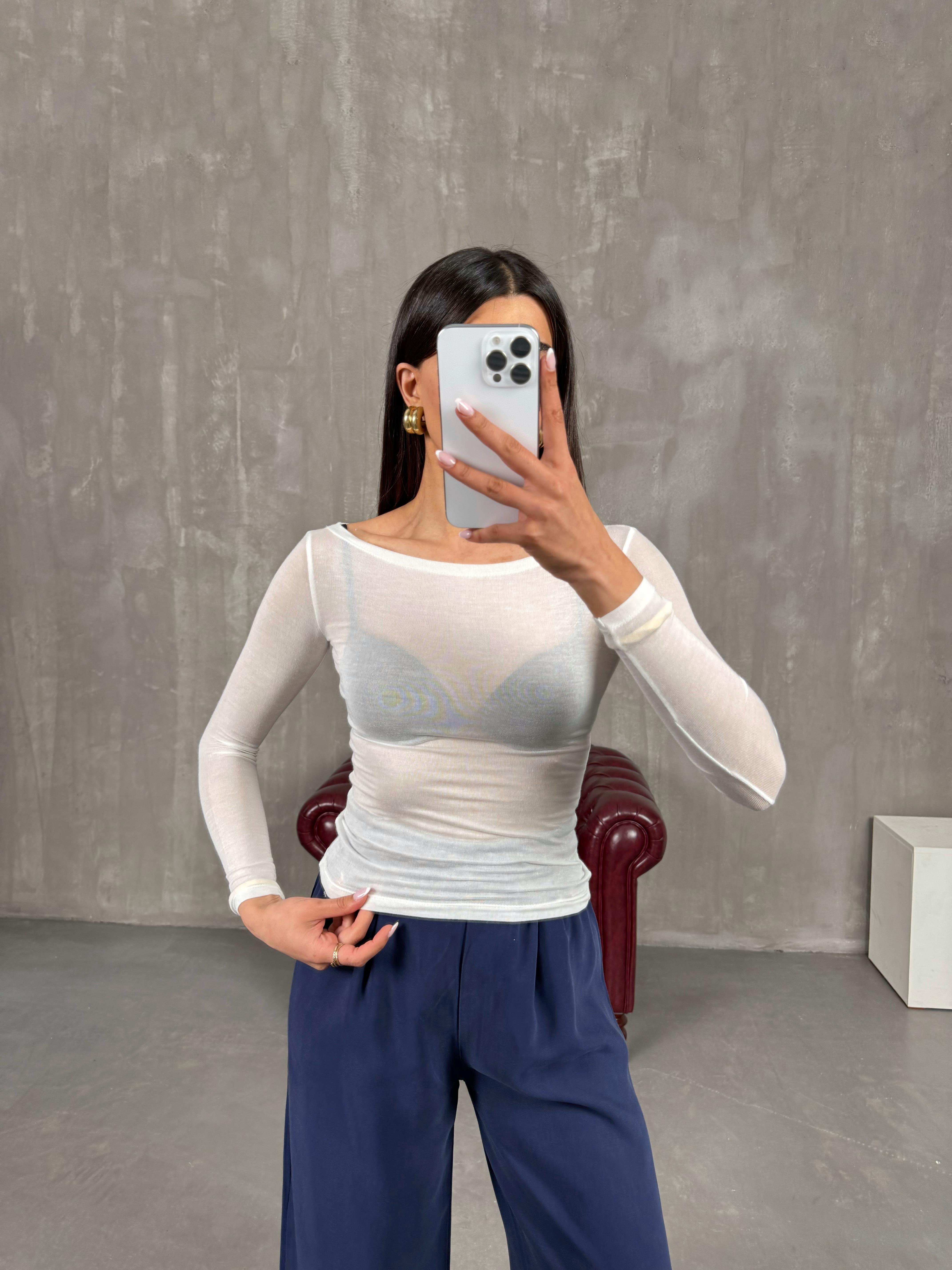 Beyaz Transparan Kaşmir Dokulu Bluz Gaus00272GausTRİKOGU1001627