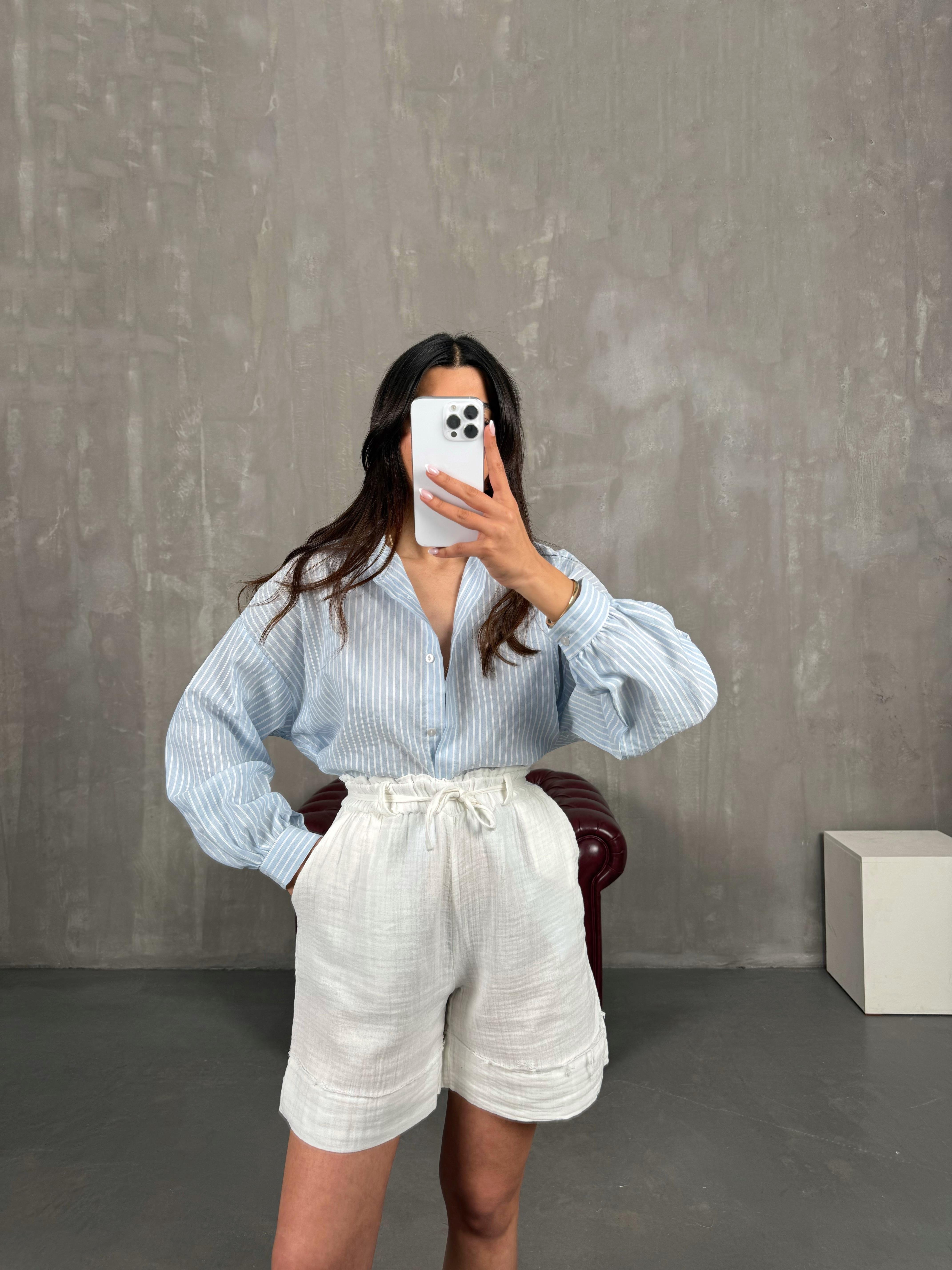 Beyaz Beli Lastikli Kuşaklı Cepli Müslin Kumaş Şort Gaus00267GausŞORTGU1001615