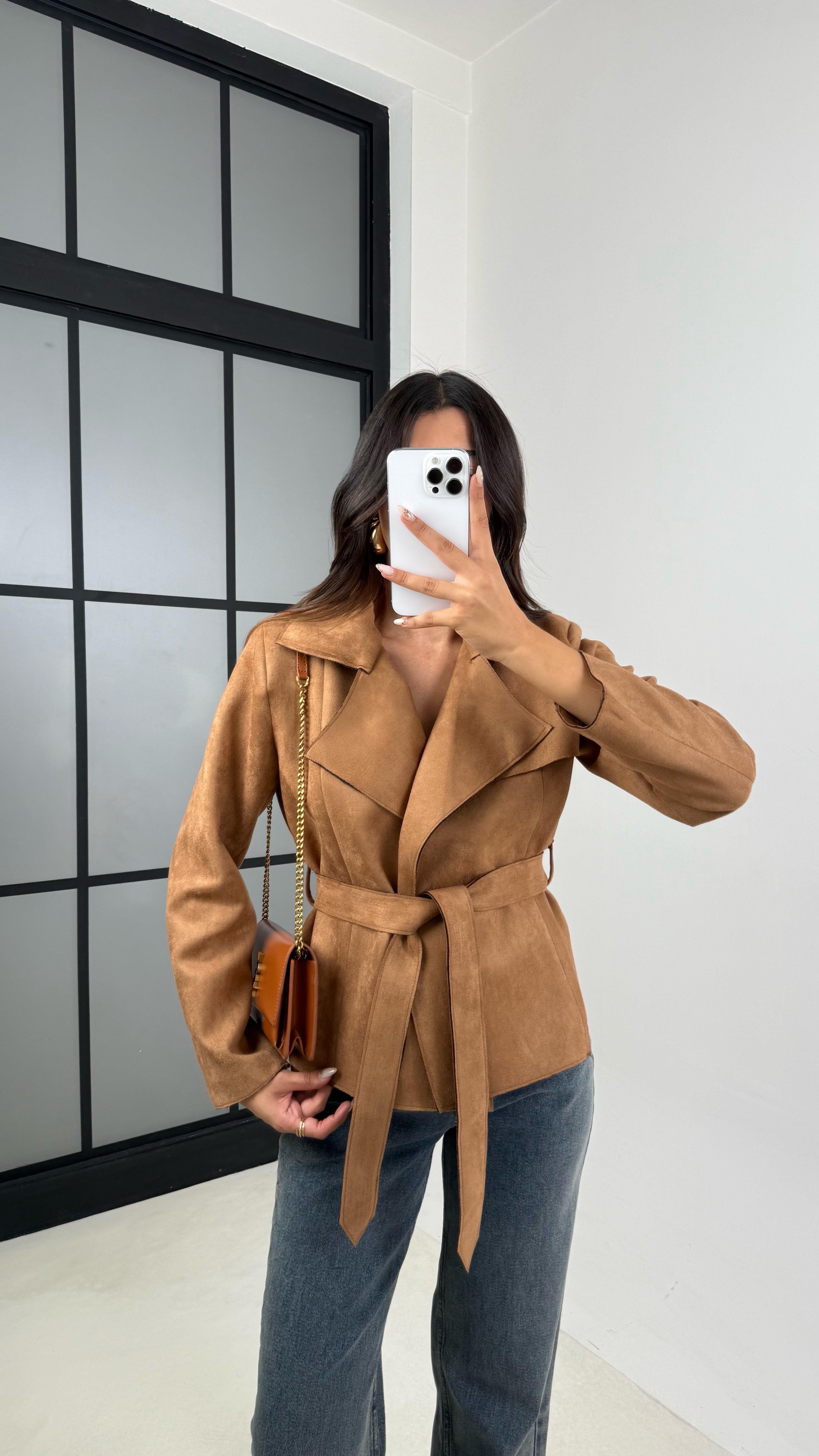 Camel Vatkalı Kuşaklı Süet Ceket GAUS-00130GAUS السترات  GAUS-00130