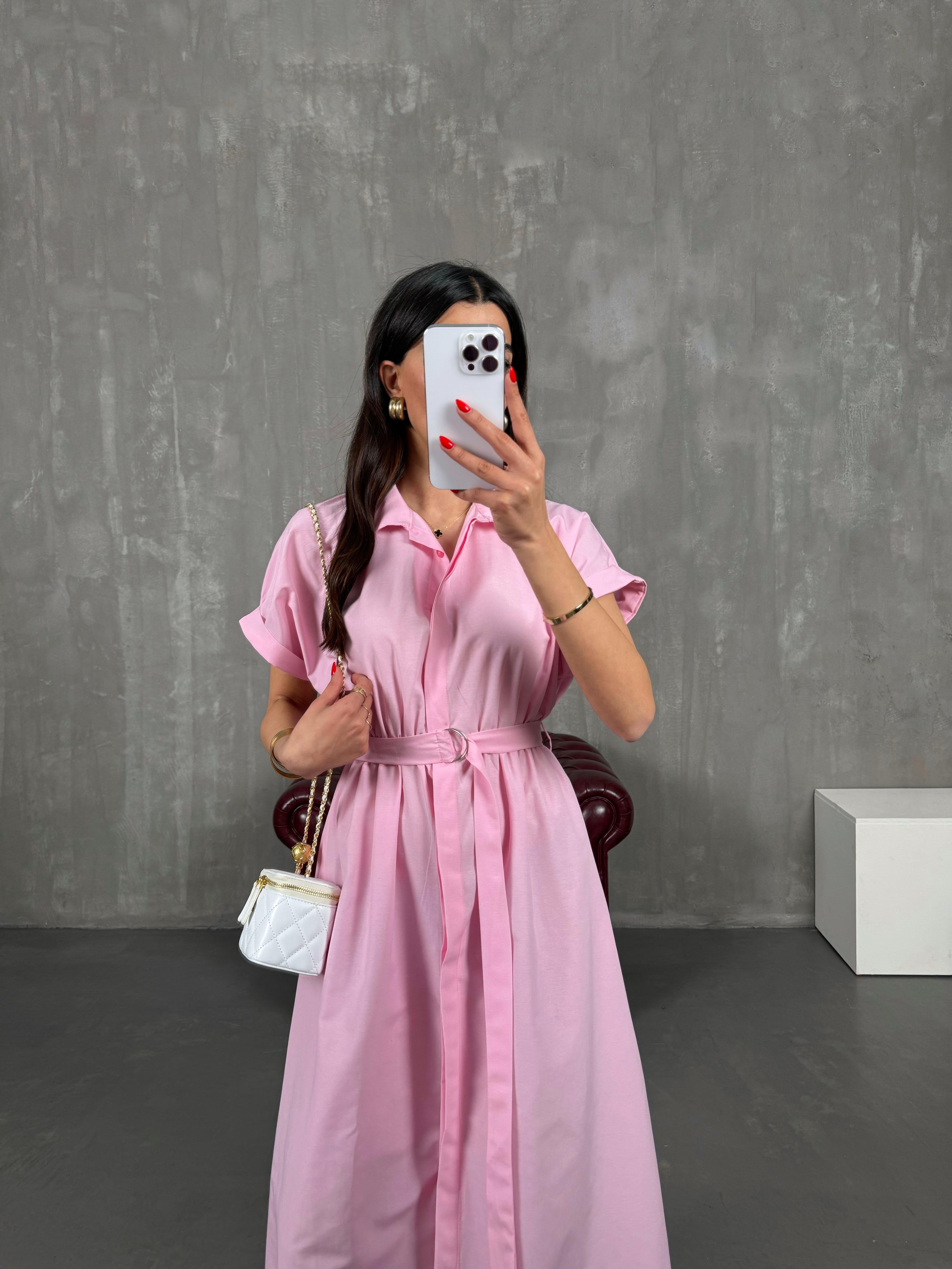 Pembe Ön Düğmeli Kuşaklı Beli Lastikli Gömlek Yaka Elbise Gaus00178GausDressesGU1001412