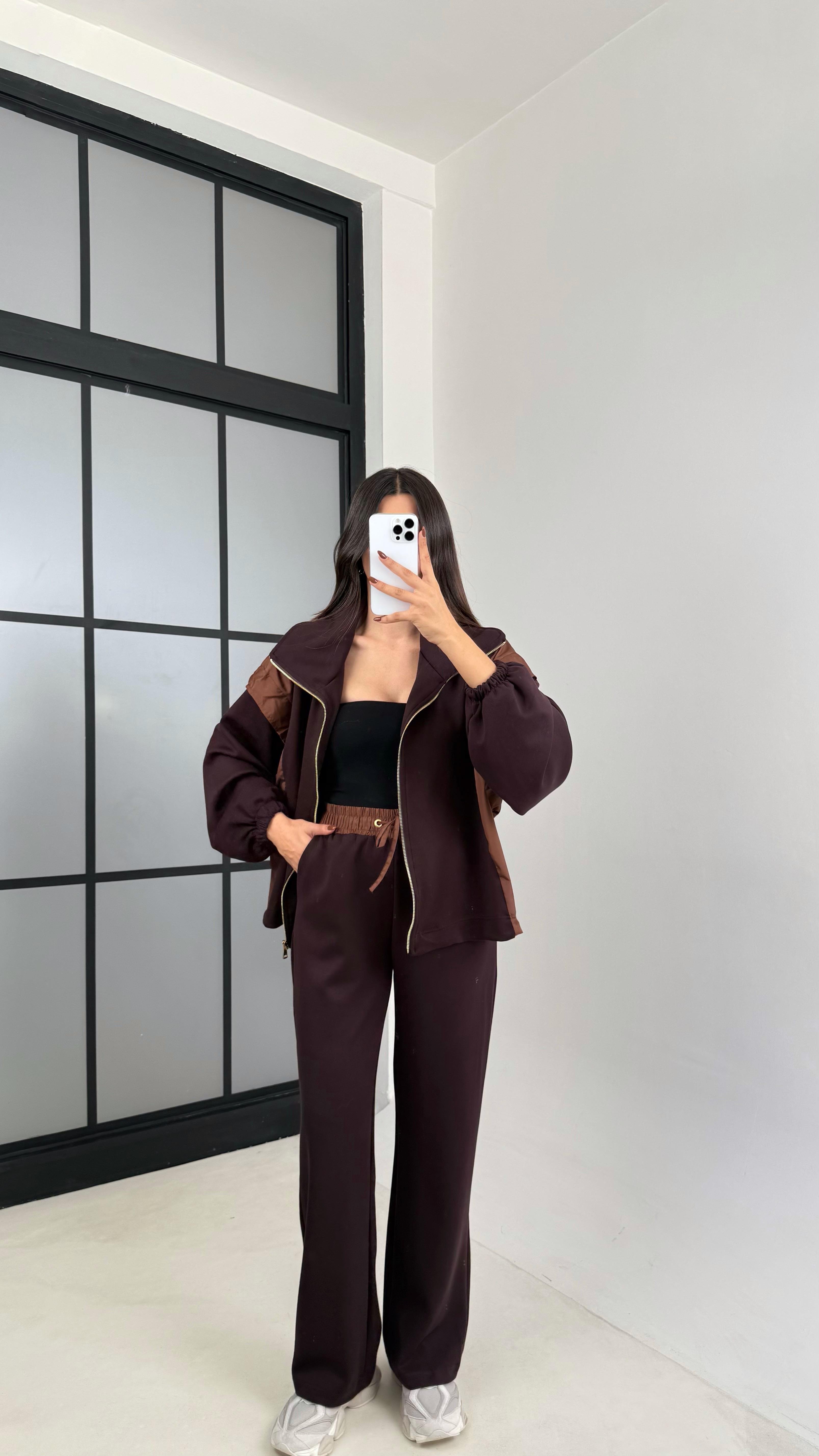 Kahve Paraşüt Kumaş Detaylı Hırka Pantolon İkili Modal Kumaş Takım GAUS-00209GAUSTAKIMGAUS-00209