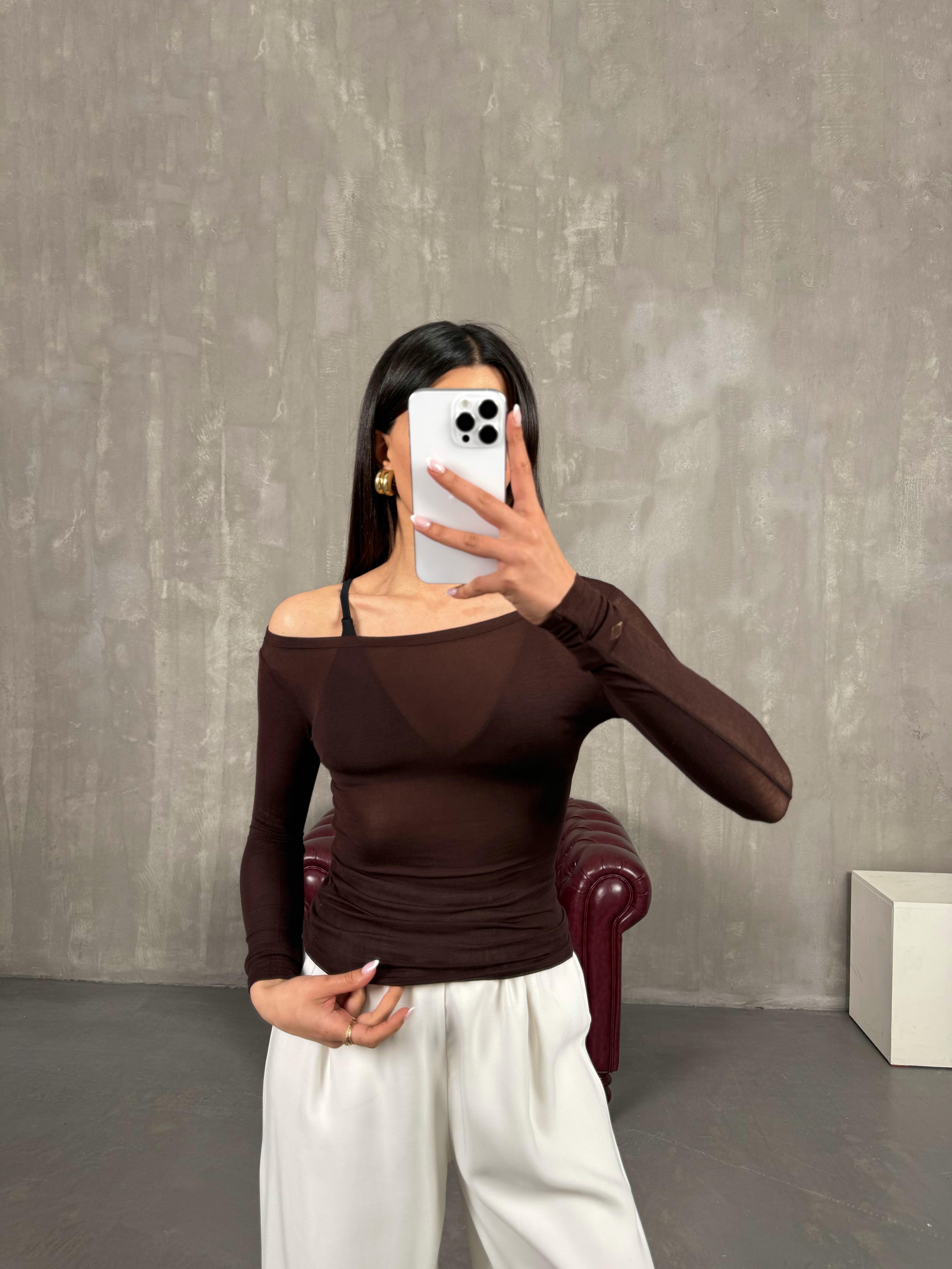 Kahverengi Transparan Kaşmir Dokulu Bluz Gaus00272GausBLUZGU1001629