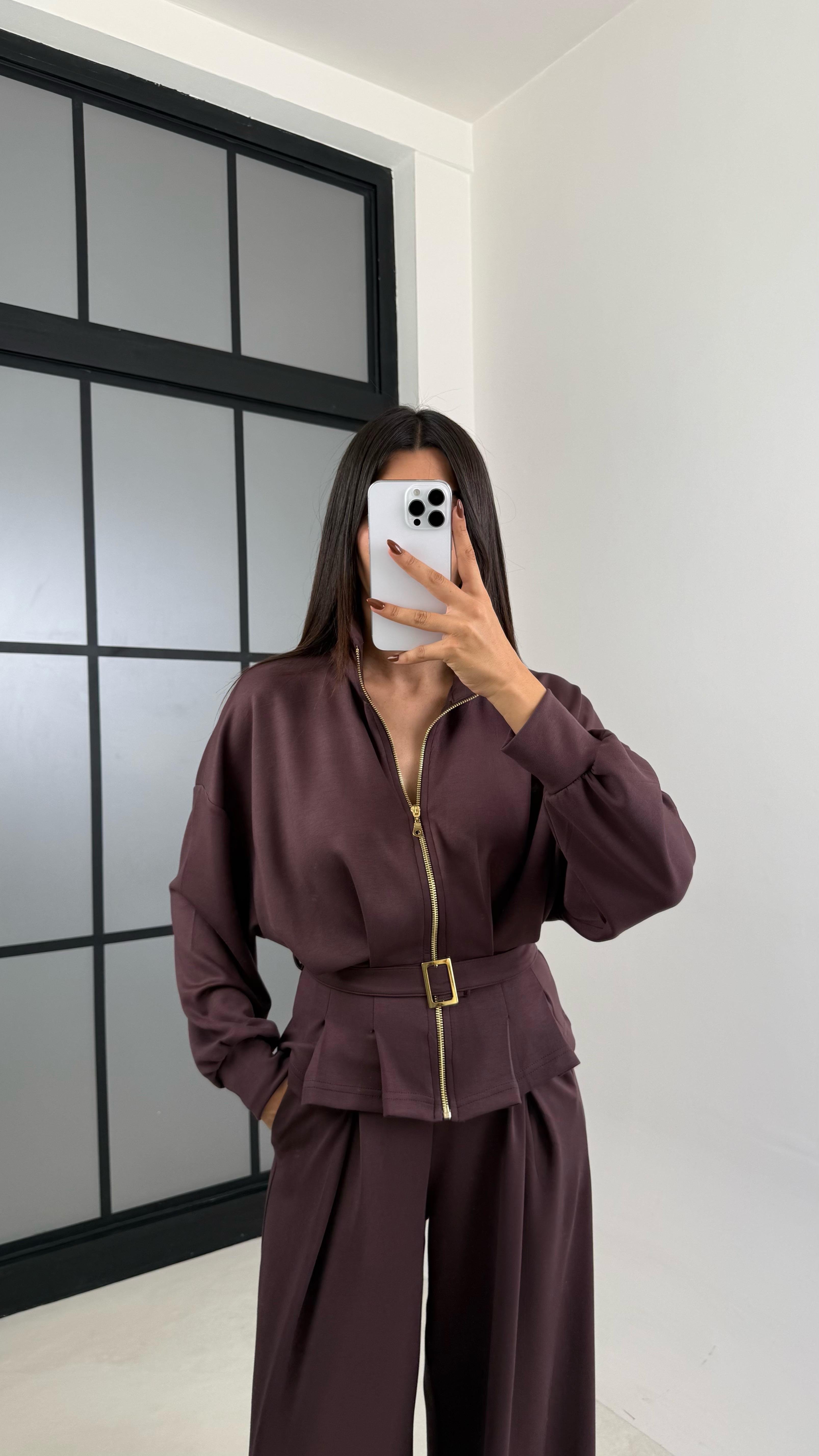 Acı Kahve Kemer Detaylı Hırka Beli Lastikli Geniş Paça Pantolon Modal Takım GAUS-00188GAUSTAKIMGAUS-00188