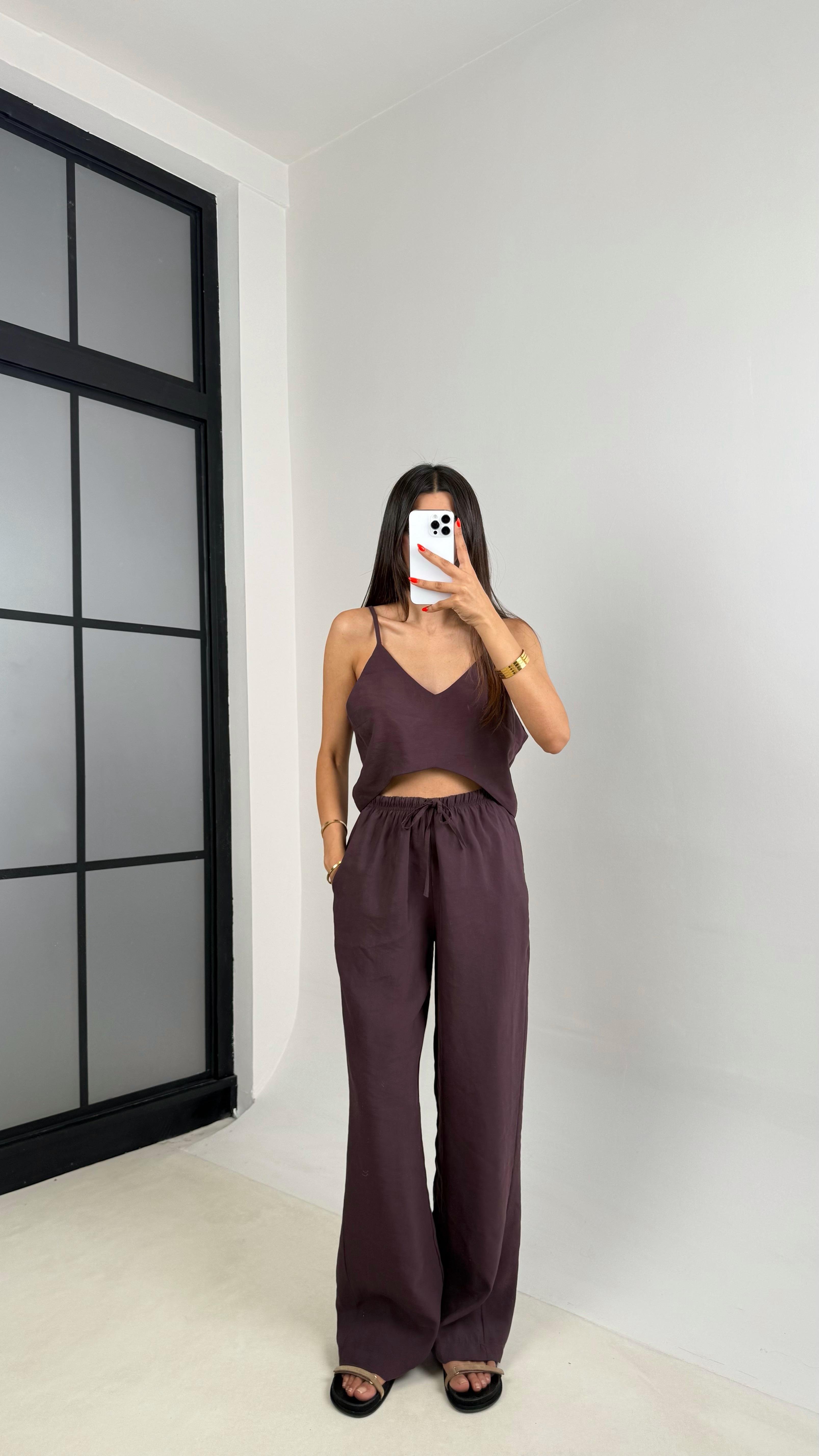 Mürdüm Ayarlanabilir Askılı Bluz Beli Lastikli Pantolon Tencel Takım GAUS-0015GAUSTAKIMGAUS-0015