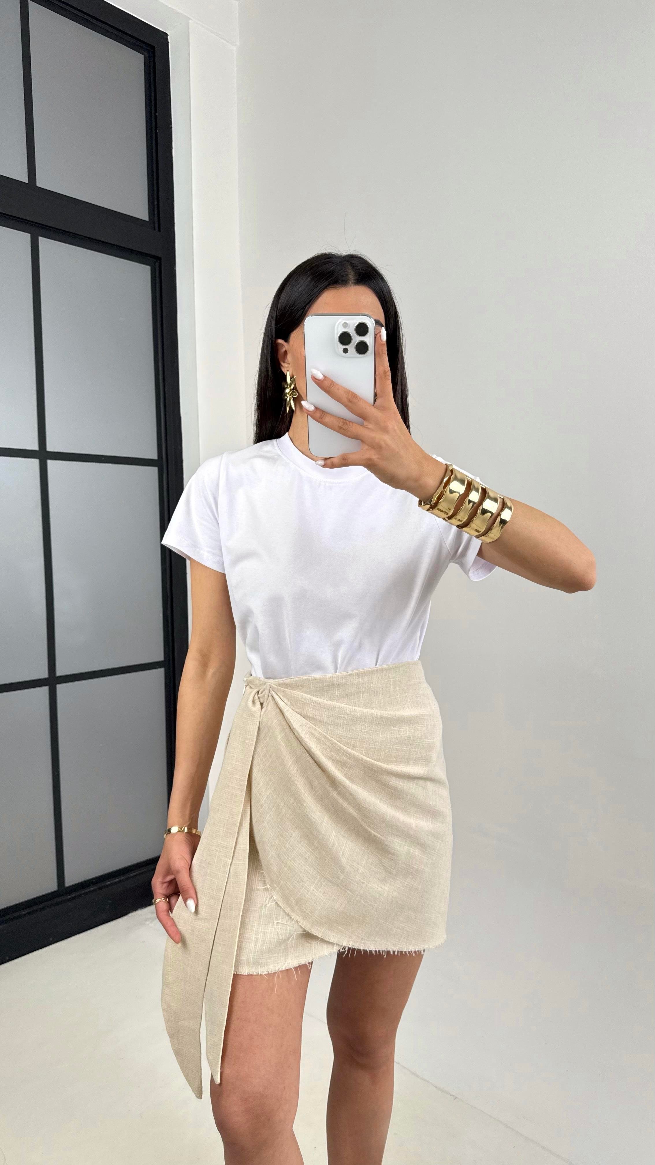 Taş Yan Bağlama Detaylı Keten Etek Gaus00435GausETEKGU1002026