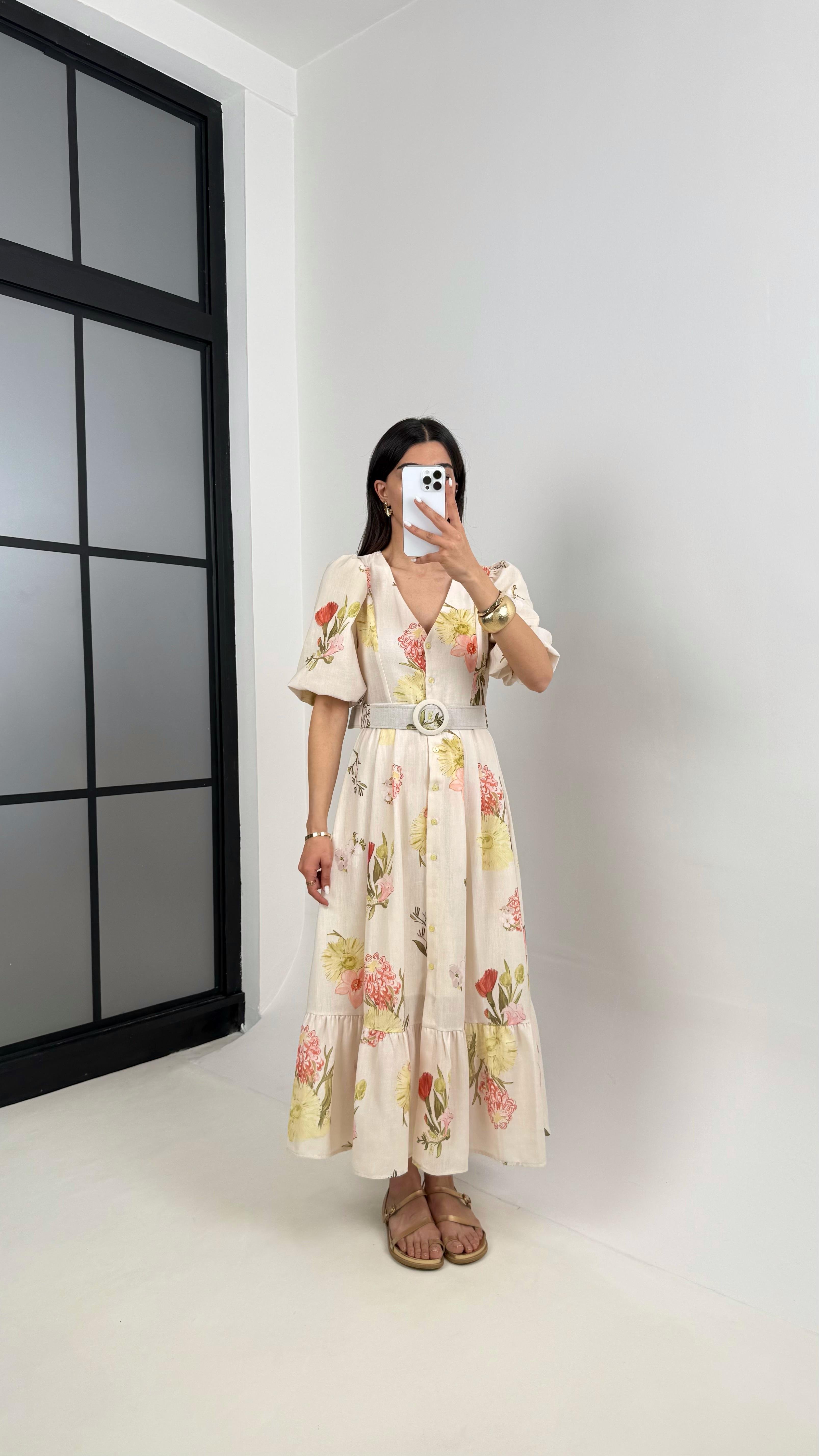 Taş V Yaka Turuncu Çiçek Desenli Balon Kol Kemerli Elbise Gaus00394GausELBİSEGU1001924