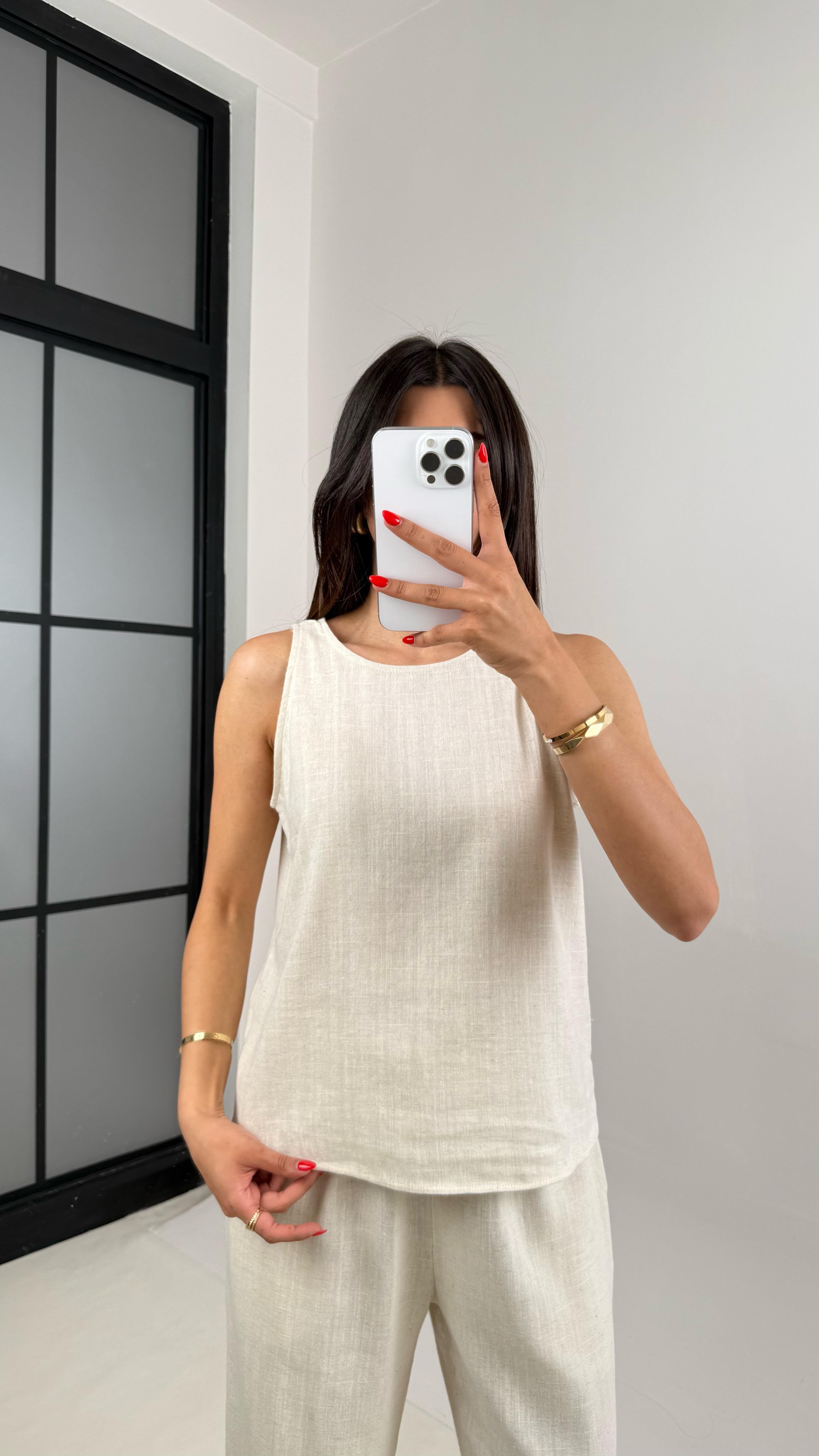 Taş Sıfır Kol Bluz Beli Lastikli Pantolon Md Muadil Keten Takım Gaus00495 GausTAKIMGU1002160