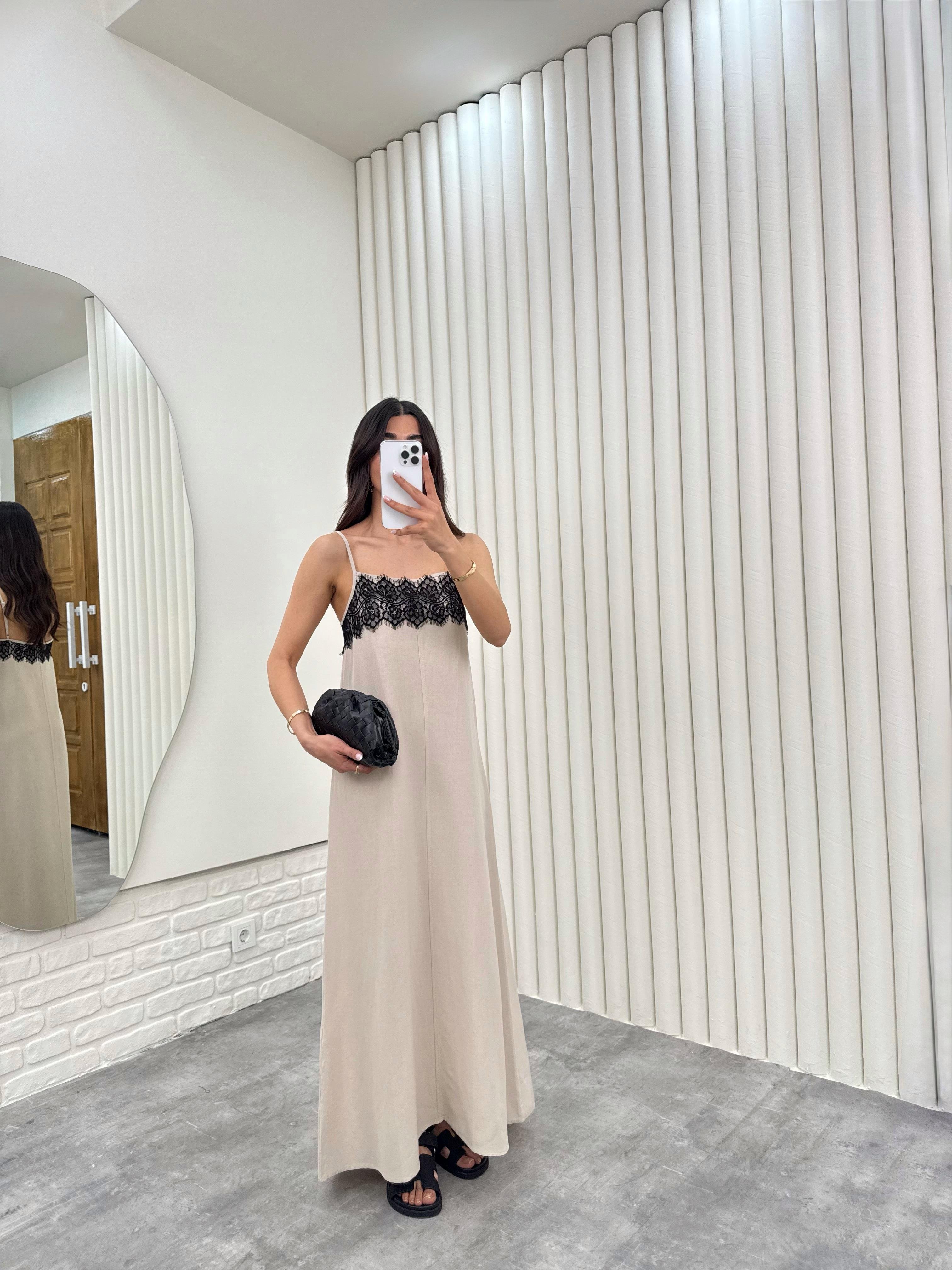 Taş Ayarlanabilir Askılı Dantel İşlemeli MD Muadil Keten Elbise Gaus00294GausELBİSEGU1001679