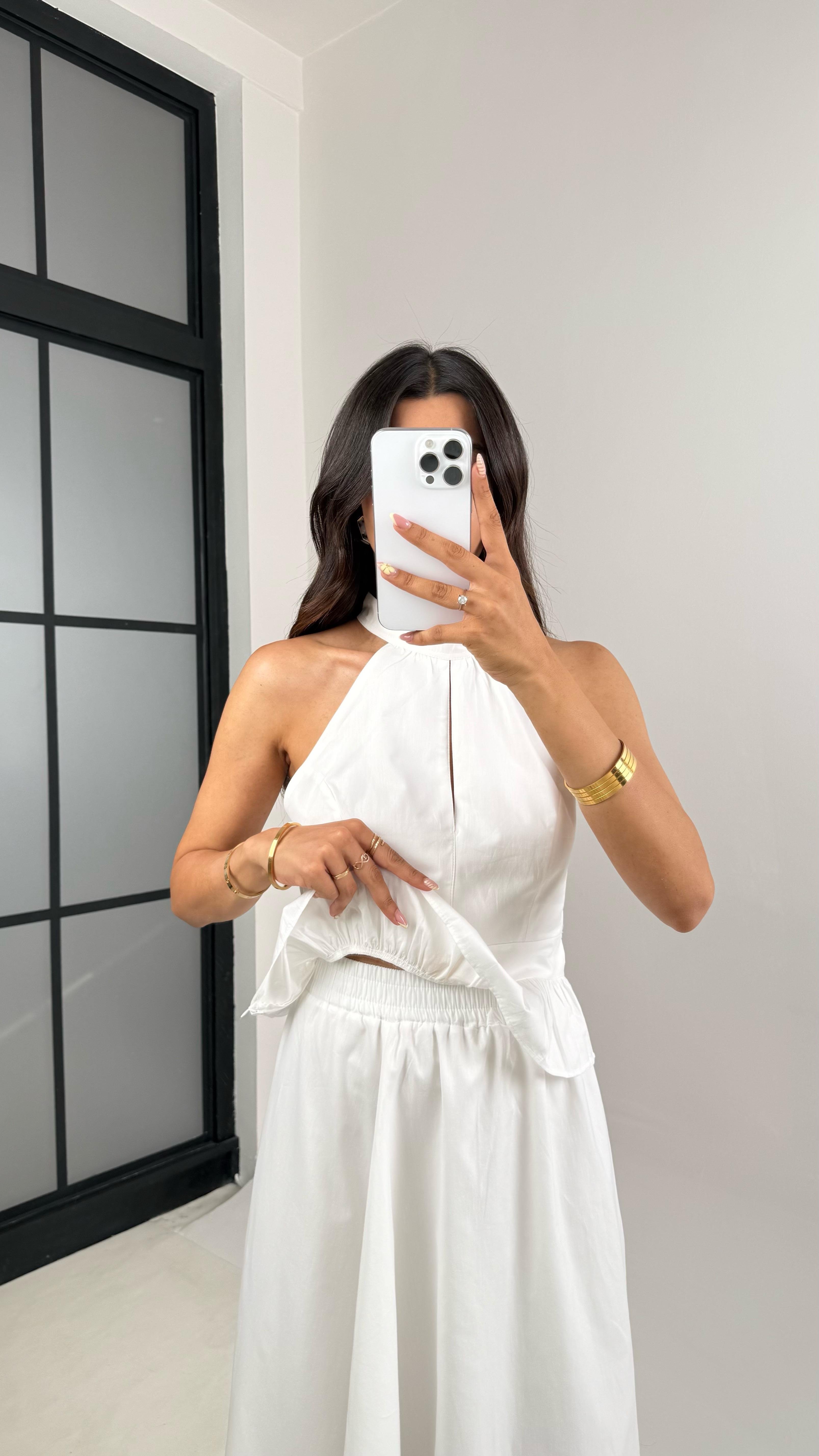 Beyaz Gold Toka Detaylı Bluz Beli Lastikli Etek İkili Takım Gaus00678GausTAKIMGU1002562