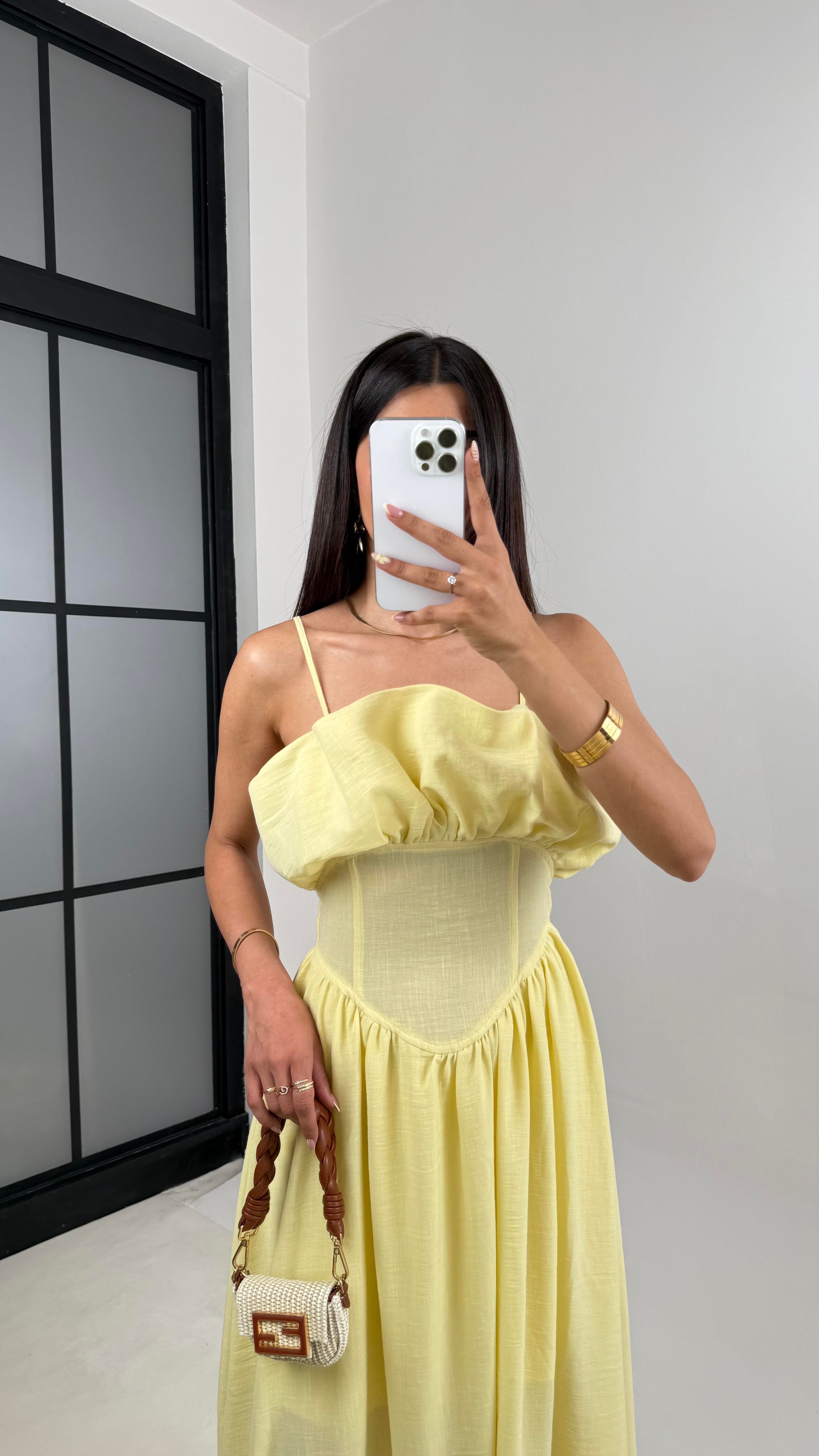 Sarı Ayarlanabilir Askılı Korse Detaylı Astarlı Keten Elbise Gaus00640GausELBİSEGU1002489