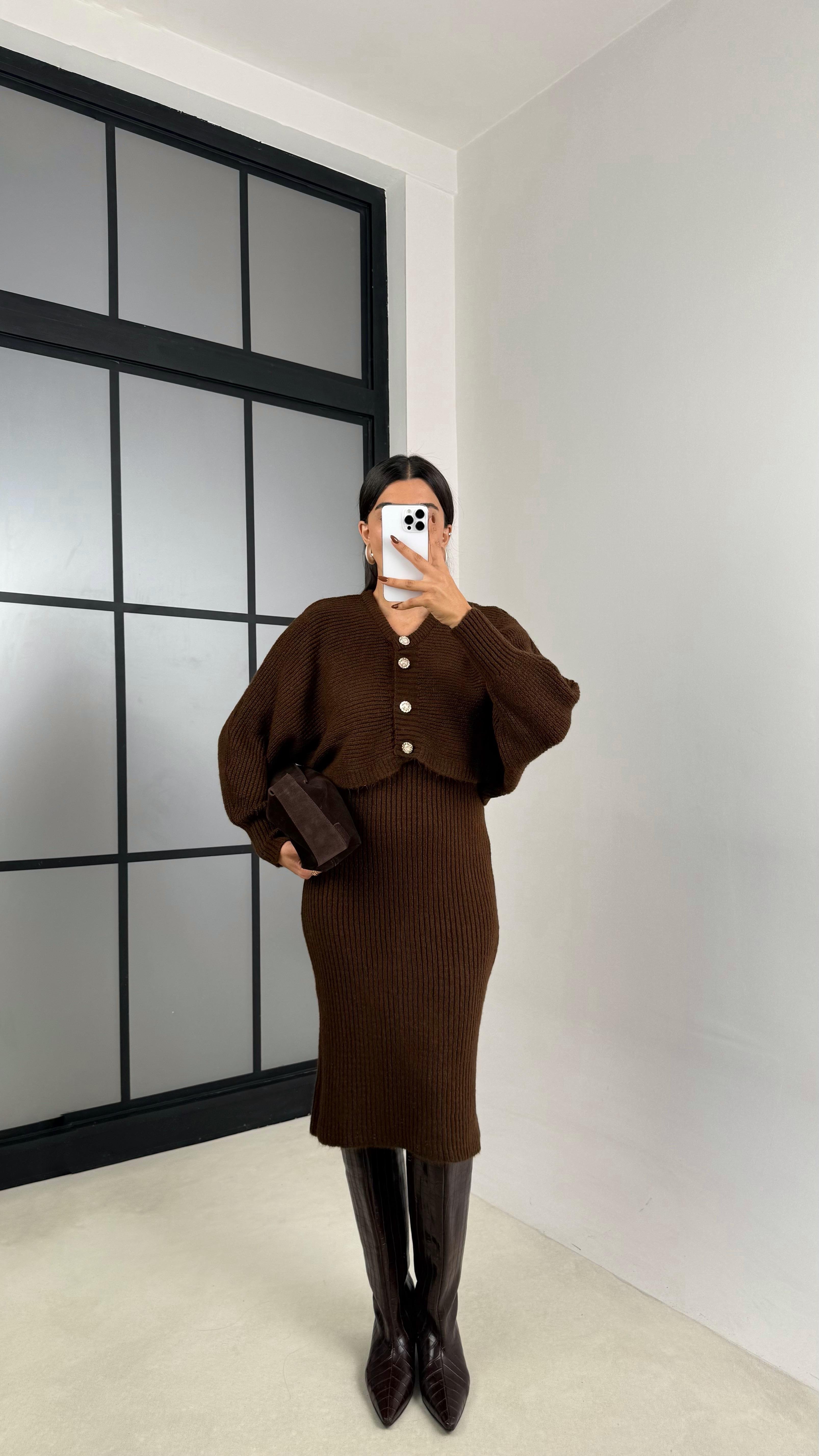 Acı Kahve Hırka Askılı Elbise İkili Triko Takım GAUS-00185GAUSTAKIMGAUS-00185