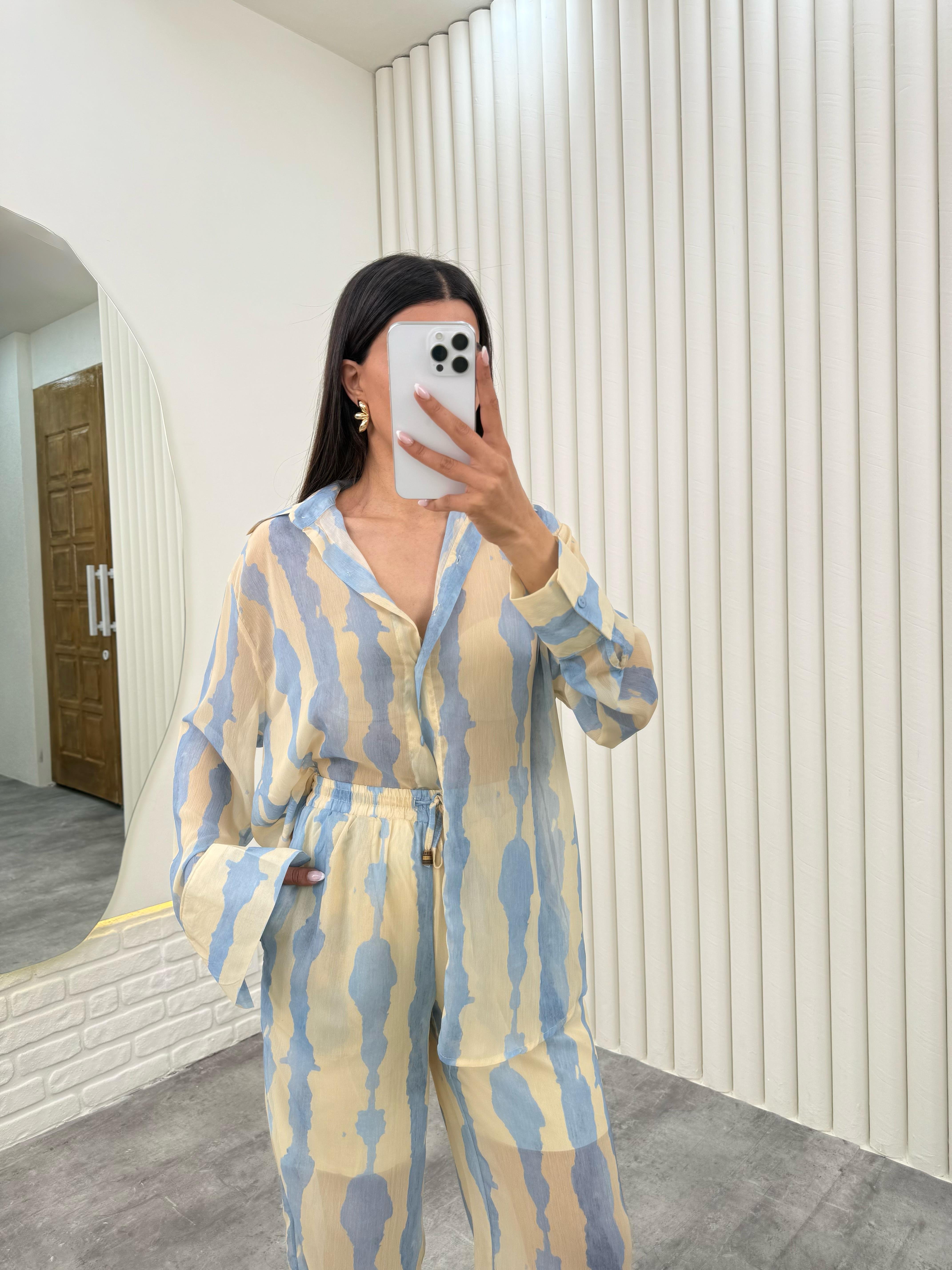 Mavi Yarım Astarlı Desenli Tül Takım Gaus00281GausTAKIMGU1001654