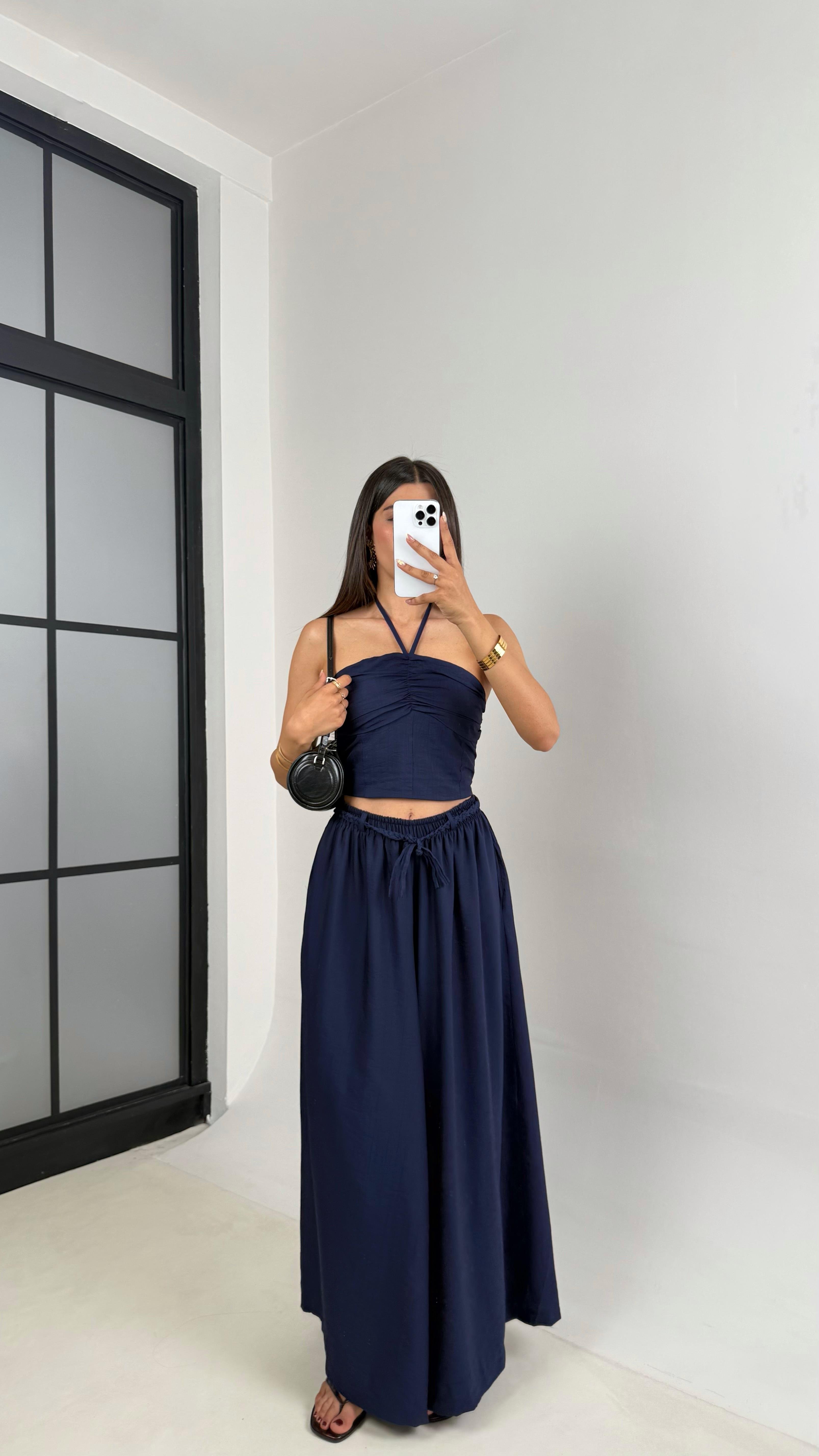 Lacivert Boyundan Bağlamalı Beli Lastikli Crop Kuşaklı Cepli Pantolon Çilek Kumaş Takım Gaus00659GausSuitsGU1002526