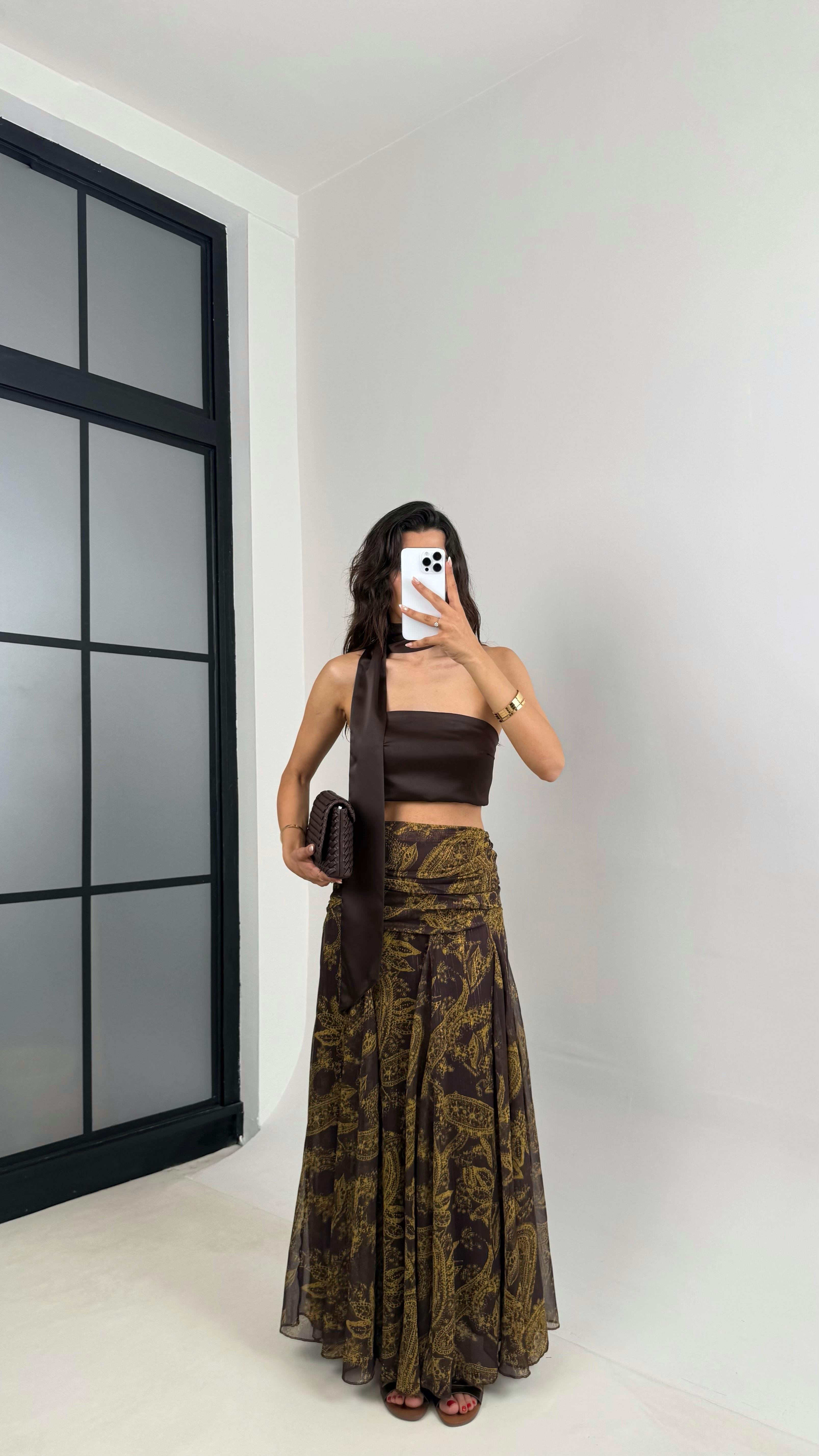 Kahve Gold Desenli Drape Detaylı Astarlı Tasarım Etek Gaus00634GausETEKGU1002478