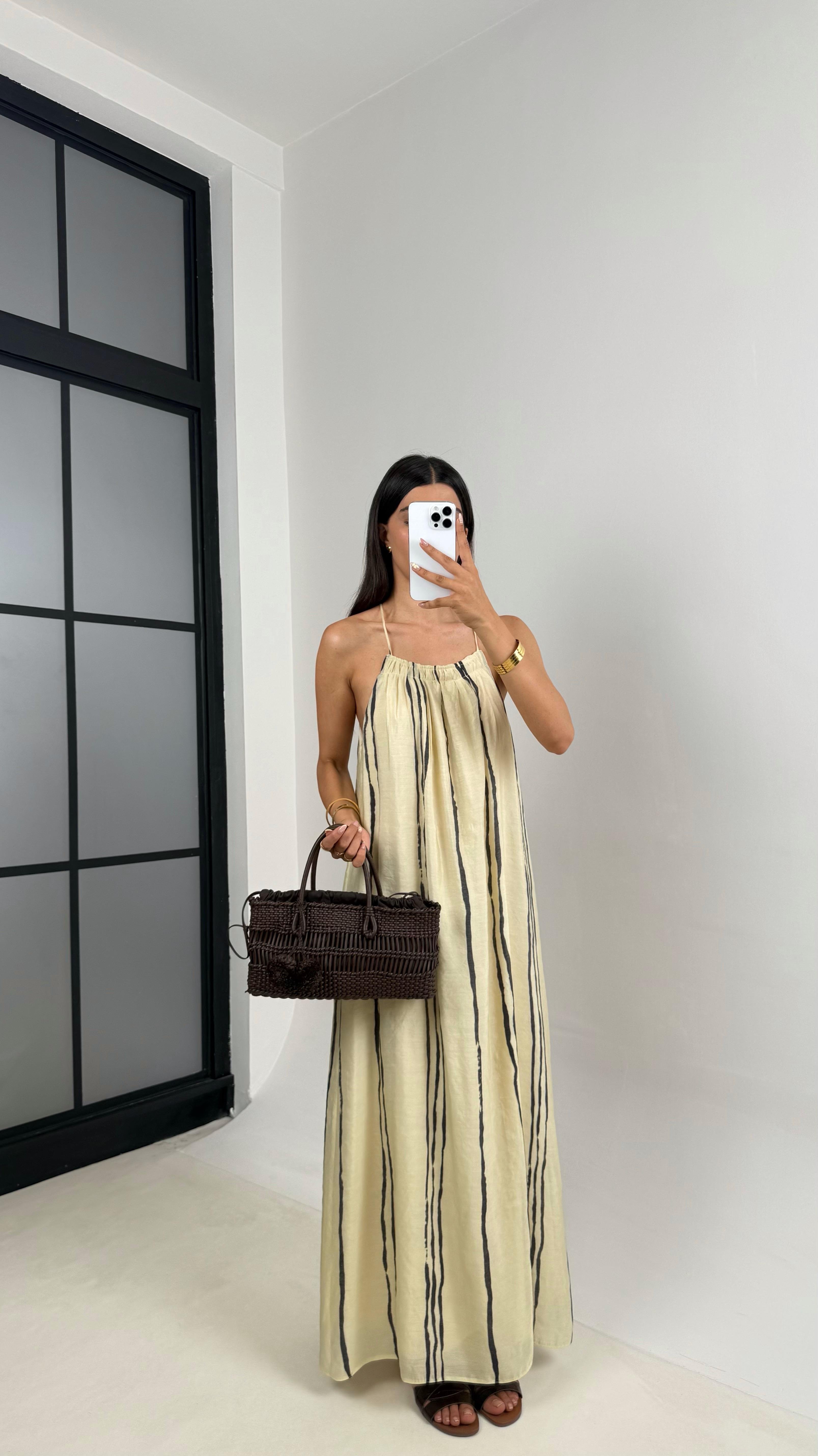 Krem Şerit Detaylı Askılı Astarlı Şifon Elbise Gaus00686GausELBİSEGU1002582