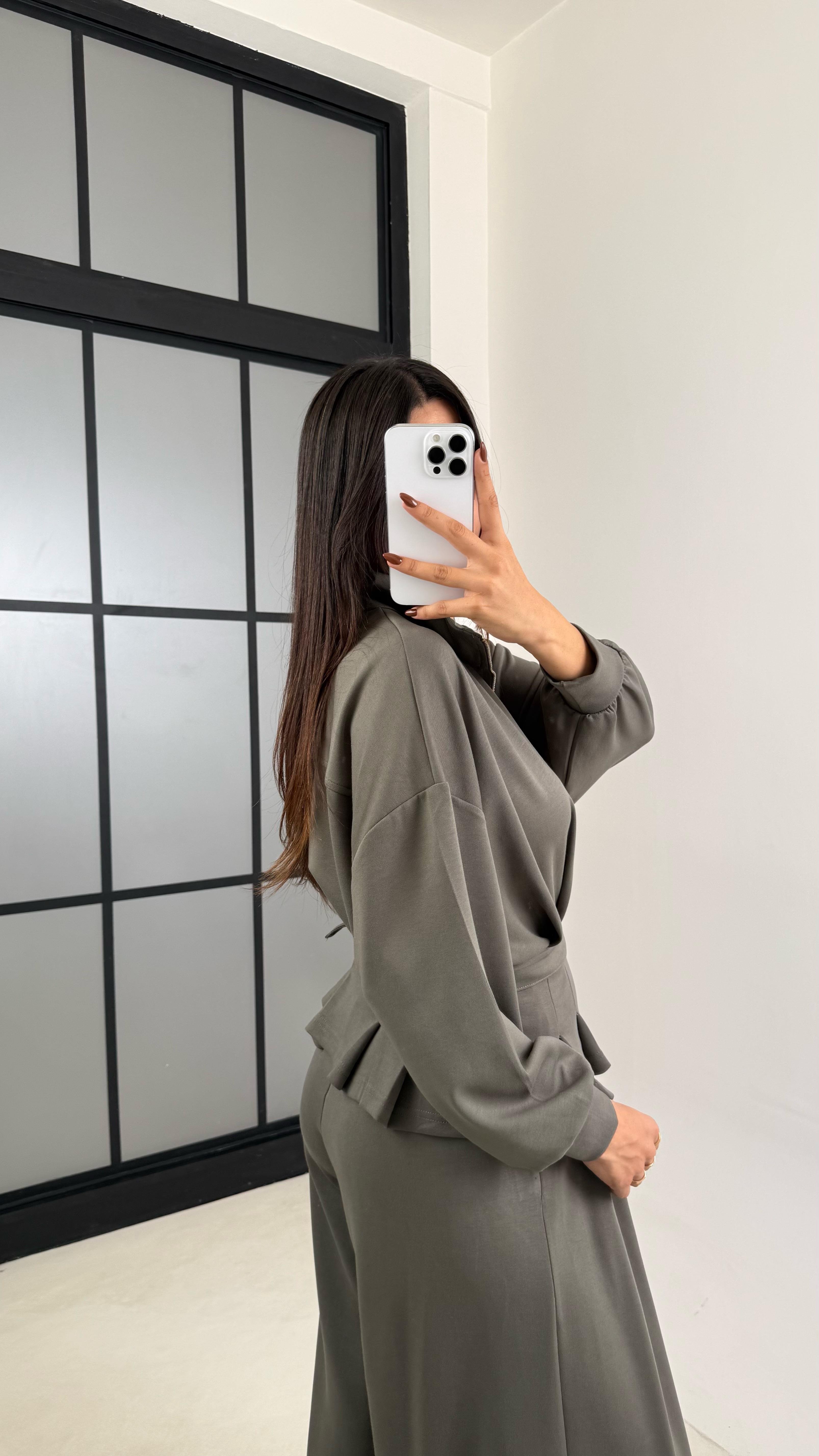 Haki Kemer Detaylı Hırka Beli Lastikli Geniş Paça Pantolon Modal Takım GAUS-00188GAUSTAKIMGAUS-00188