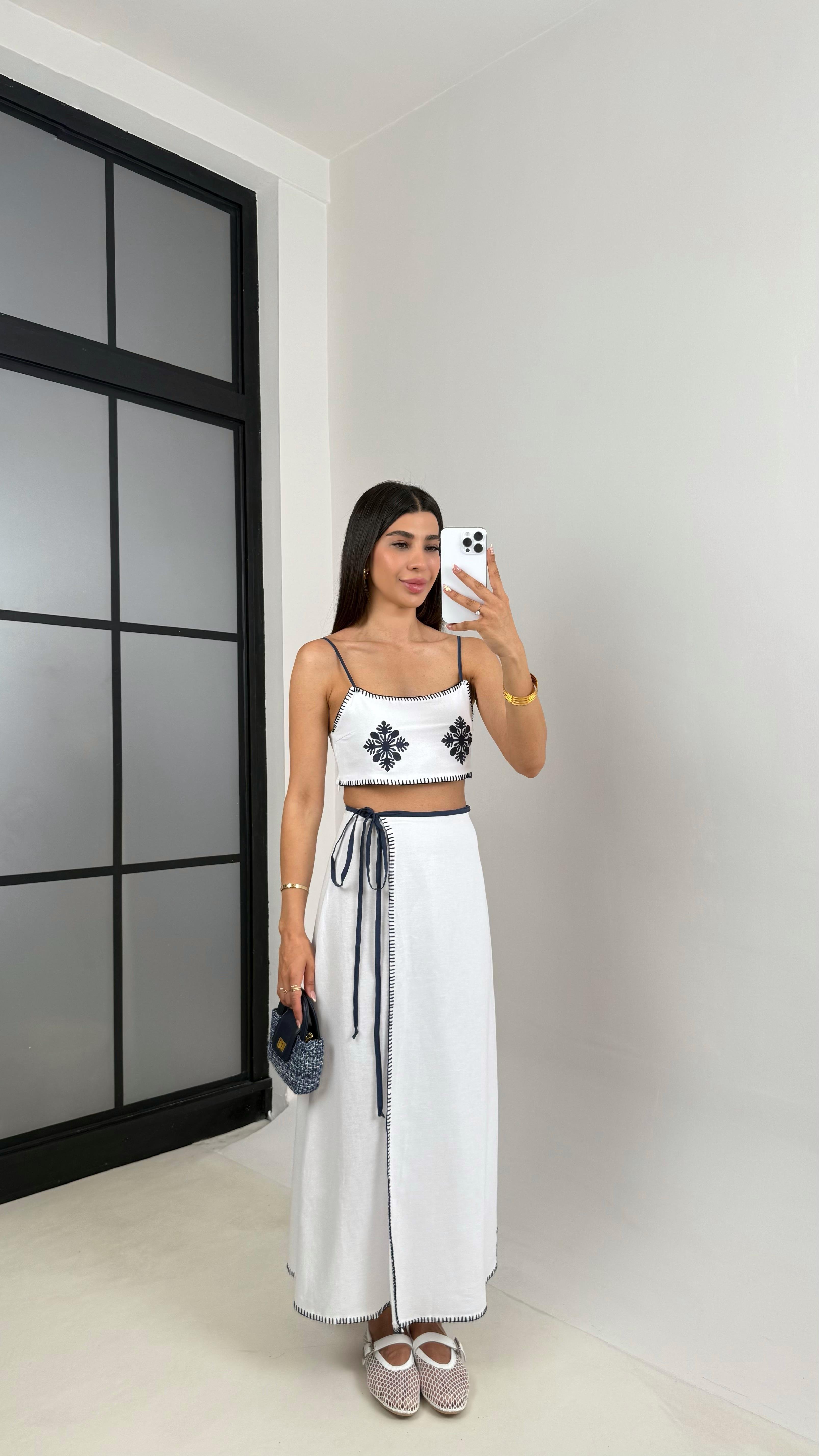 Keten Nakış İşlemeli Crop Bağlamalı Etek İkili Takım Gaus00647GausTAKIMGU1002504 