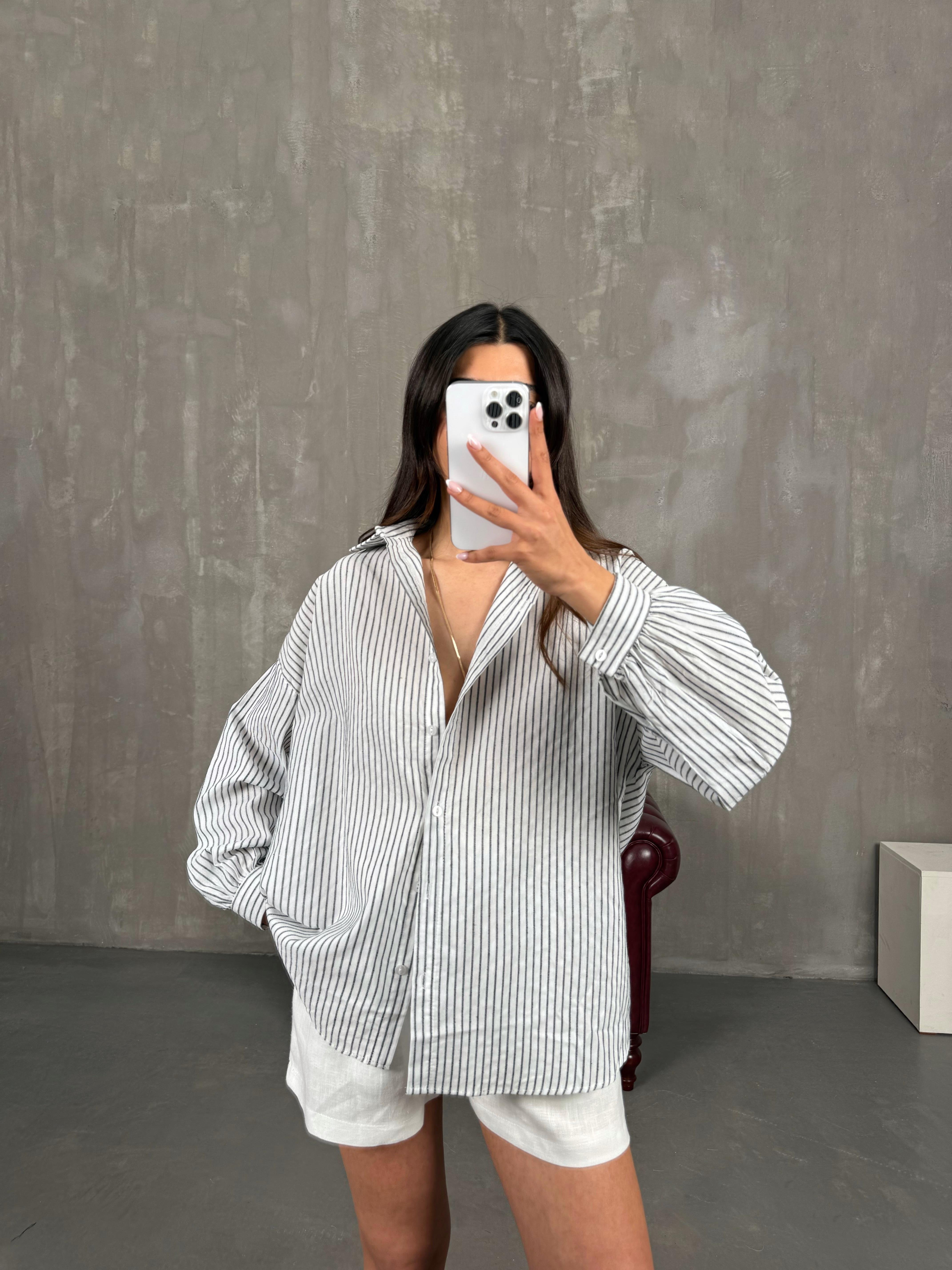 Siyah Beyaz Çizgili Keten Gömlek Gaus00268GausGÖMLEKGU1001619