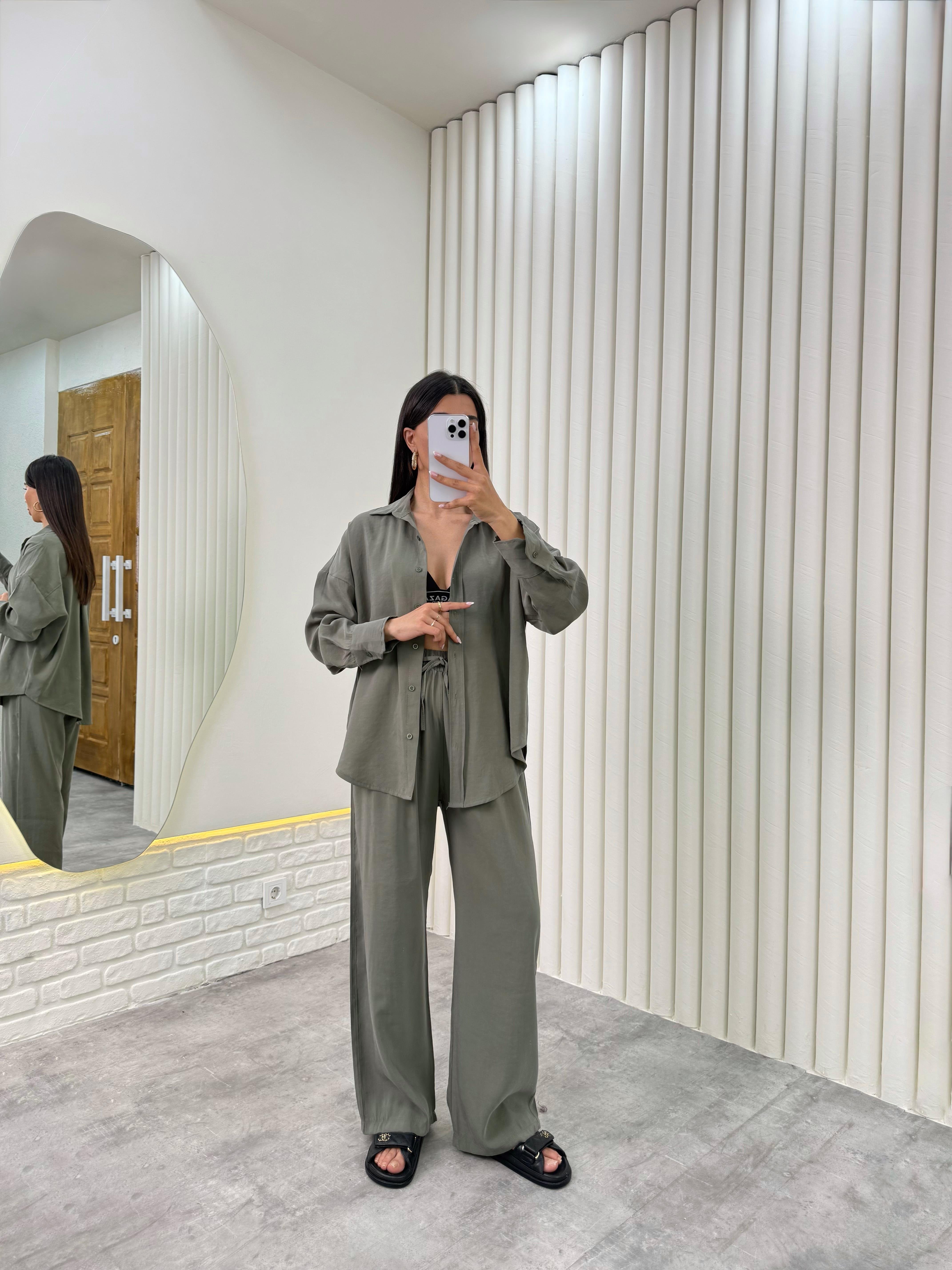 Haki Gömlek Beli Lastikli Pantolon Premium Tensel Takım Gaus00322GausTAKIMGU1001745