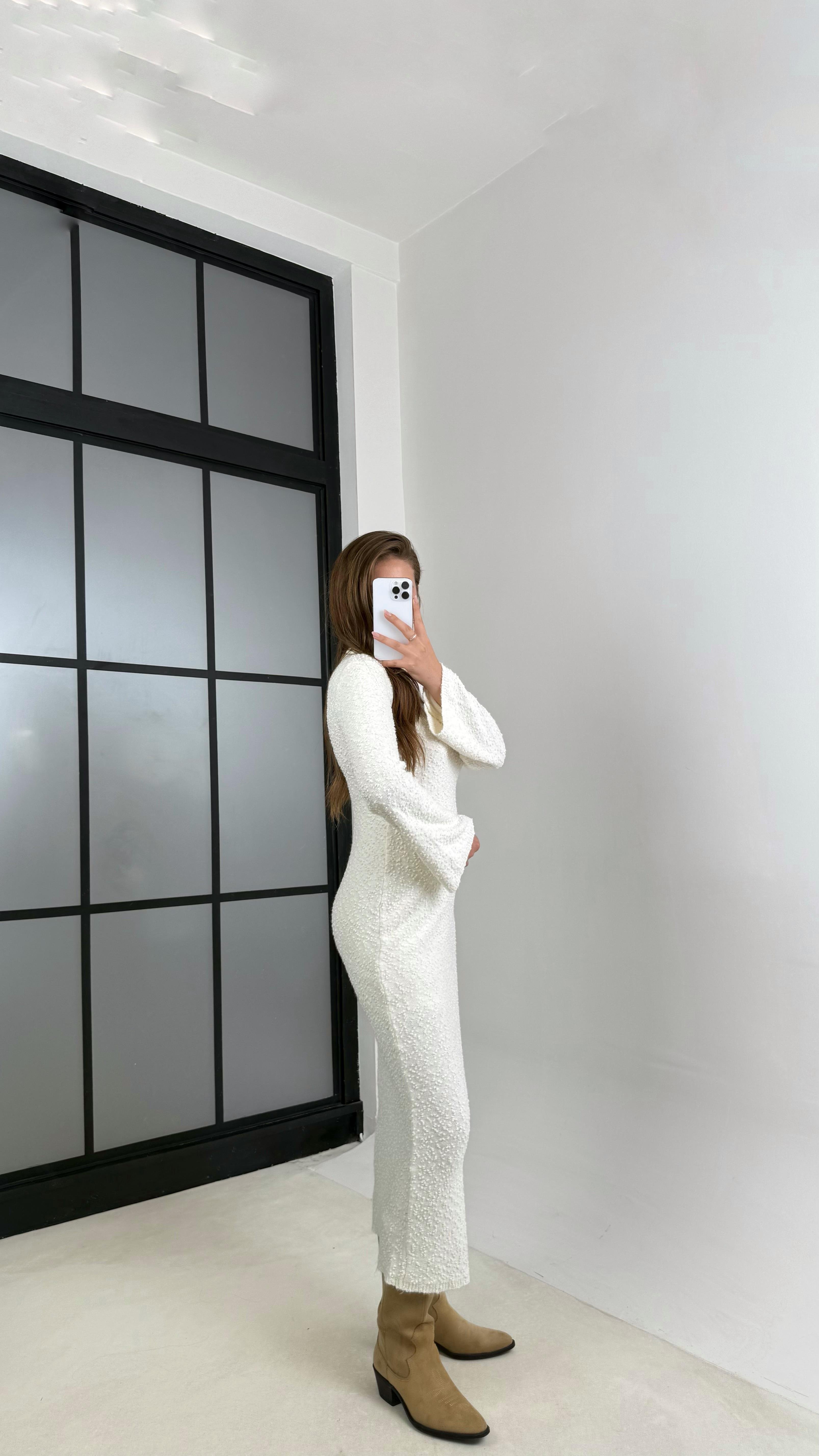 Ekru Bisiklet Yaka Tasarım Uzun Triko Elbise GAUS-00125GAUSELBİSEGAUS-00125