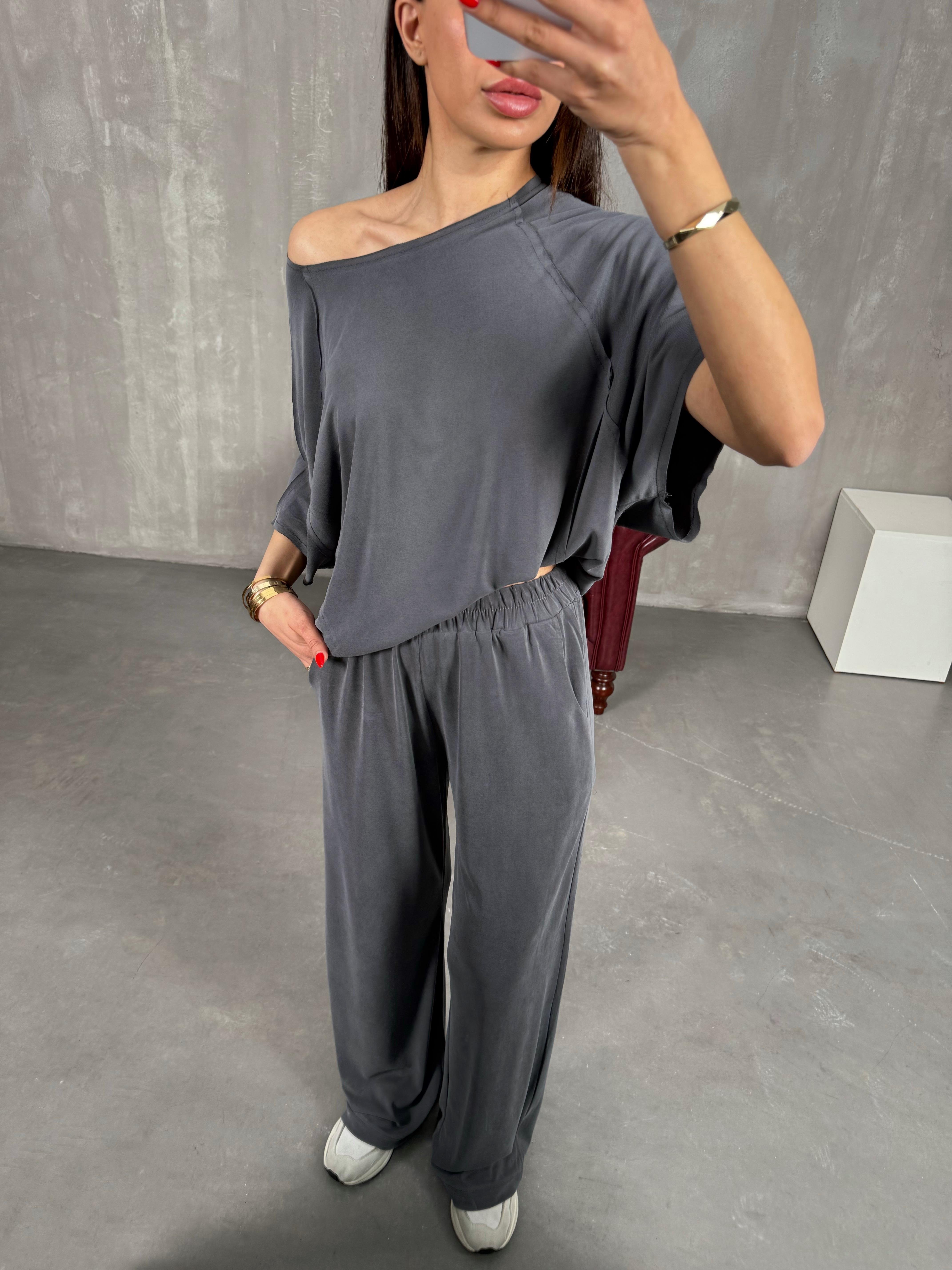 Antrasit İnce Modal Kumaş Kısa Kol Muadil Basic Takım Gaus00197GausTAKIMGU1001464