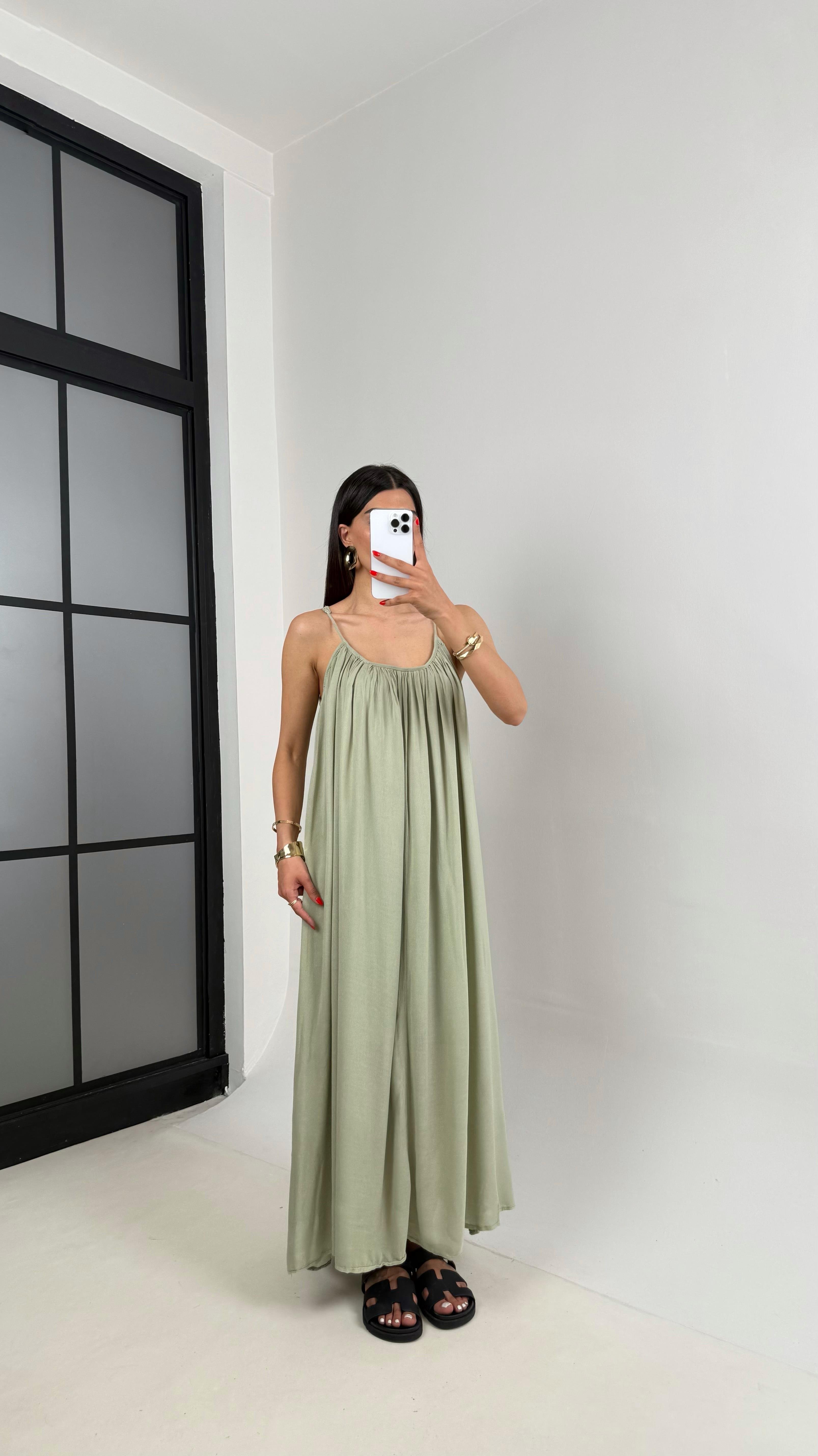 Haki Ayarlanabilir Askılı MD Muadil Astarlı Keten Elbise Gaus00474GausELBİSEGU1002107