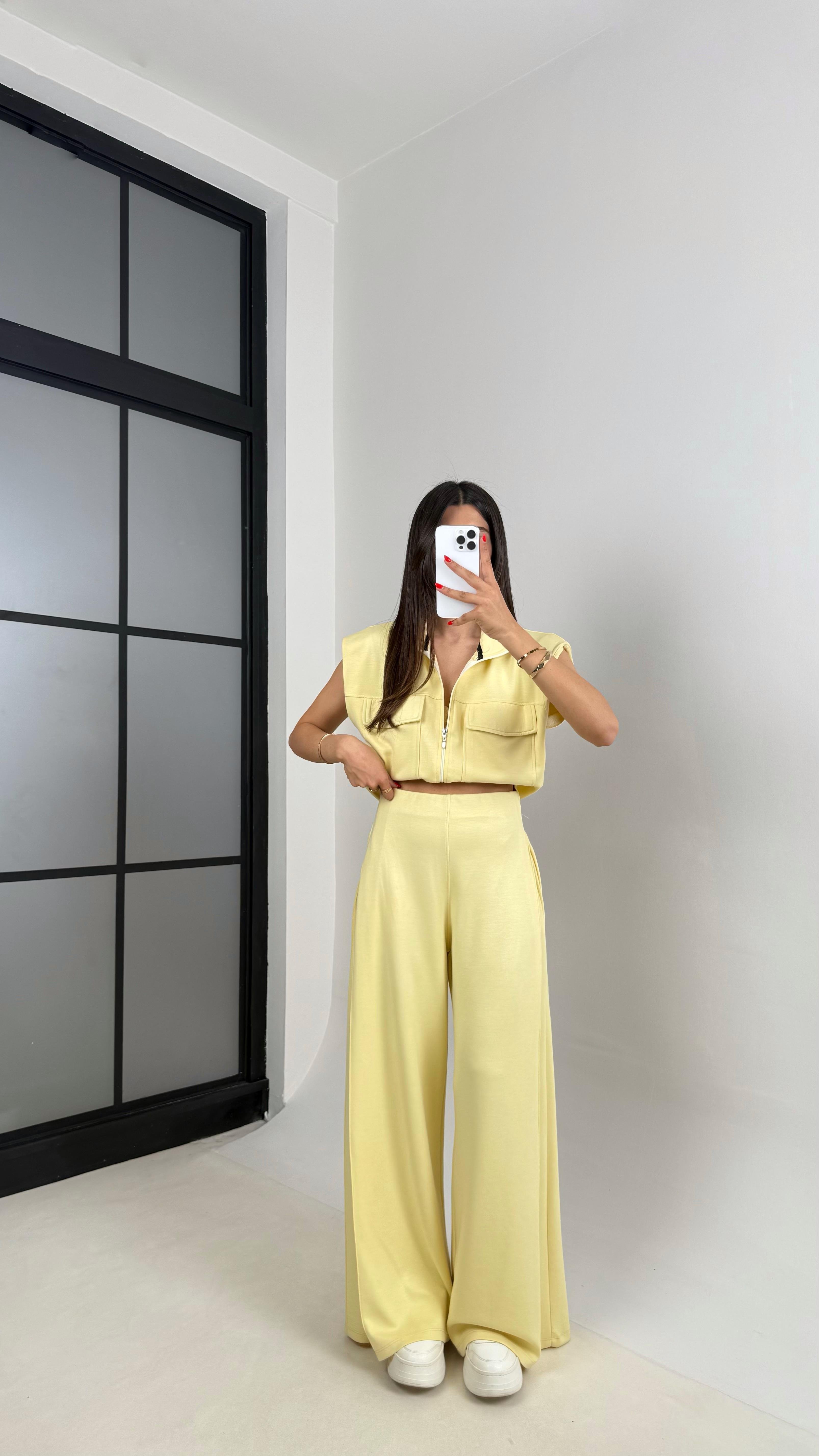 Sarı Cepli Yelek Beli Lastikli Pantolon Modal Eşofman Takım Gaus00523GausTAKIMGU1002227