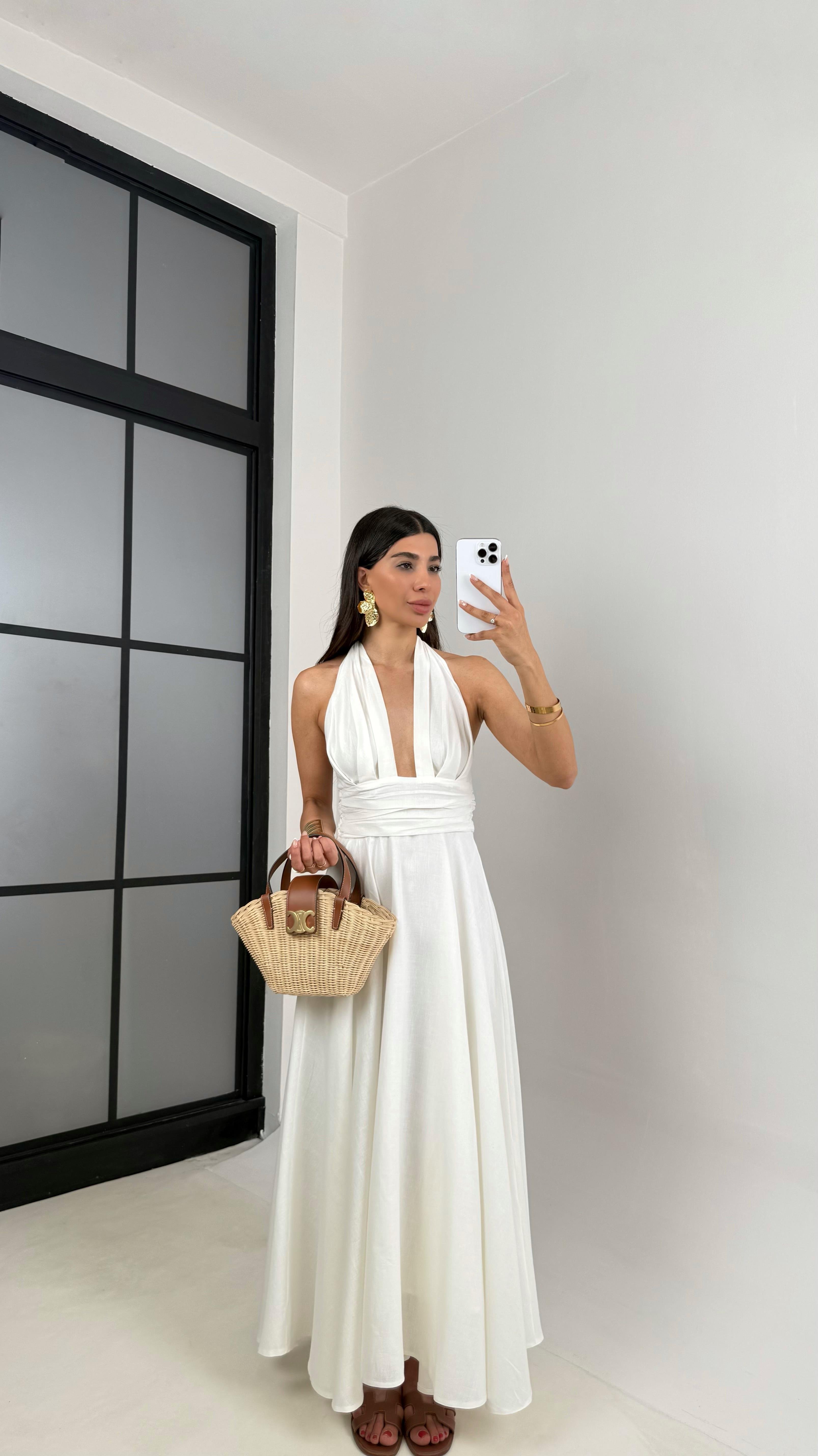 Beyaz Boyundan Bağlamalı Astarlı Keten Elbise Gaus00627GausELBİSEGU1002465