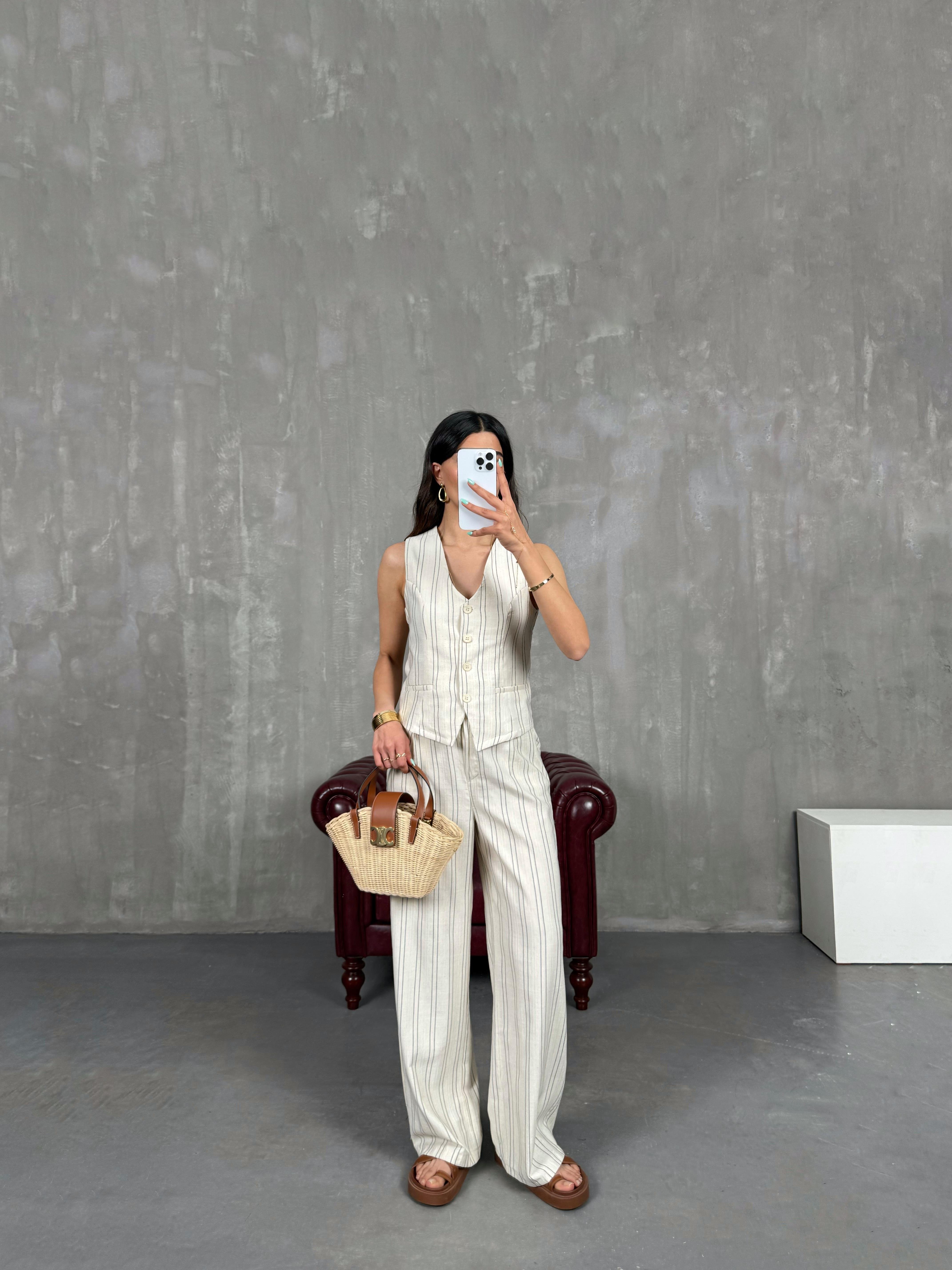 Taş Siyah Çizgili Yelekli Keten Takım Gaus00231GausTAKIMGU1001531