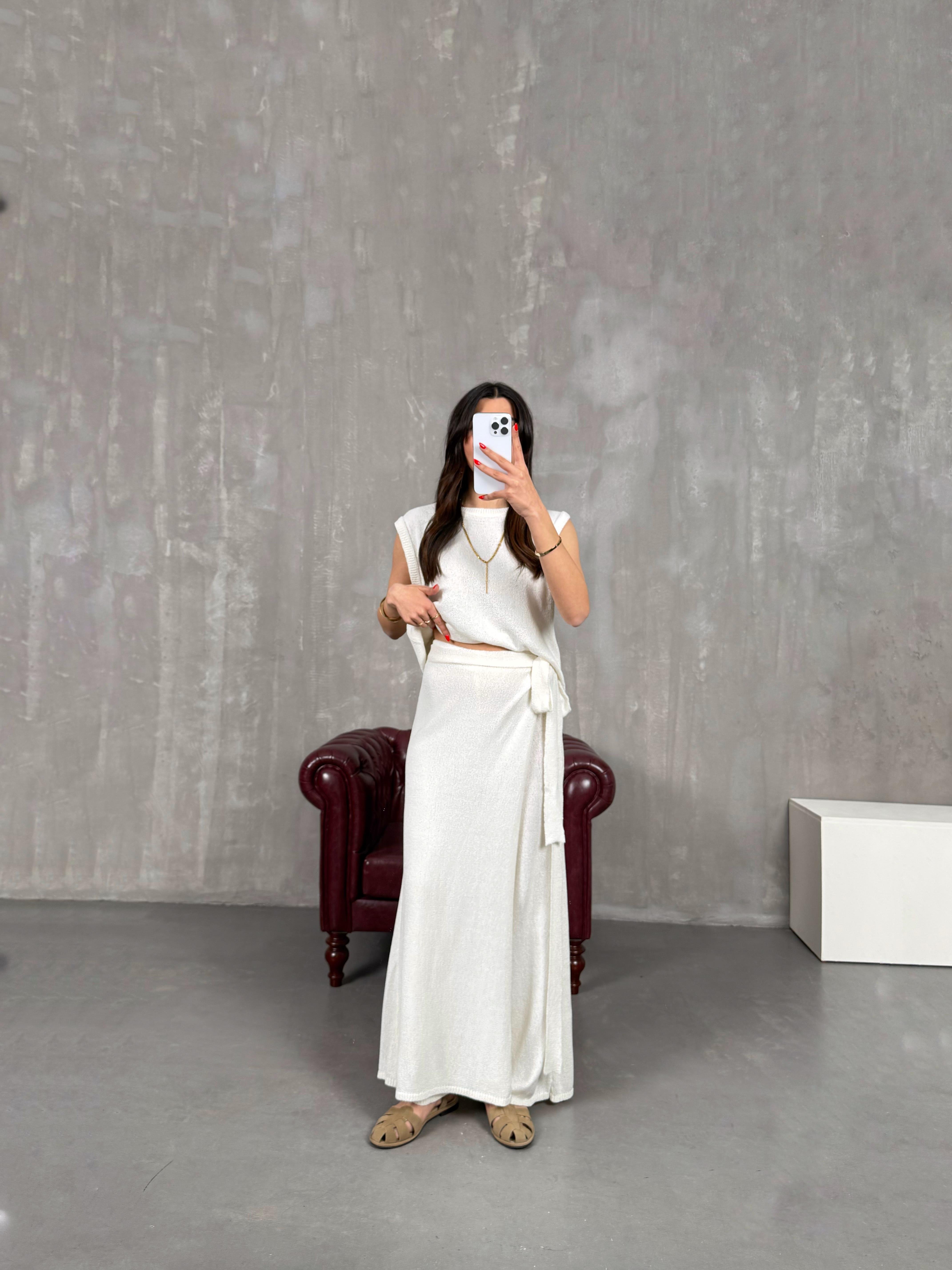 Krem Etekli Pantolon Sıfır Kol Triko Takım Gaus00174GausTAKIMGU1001402