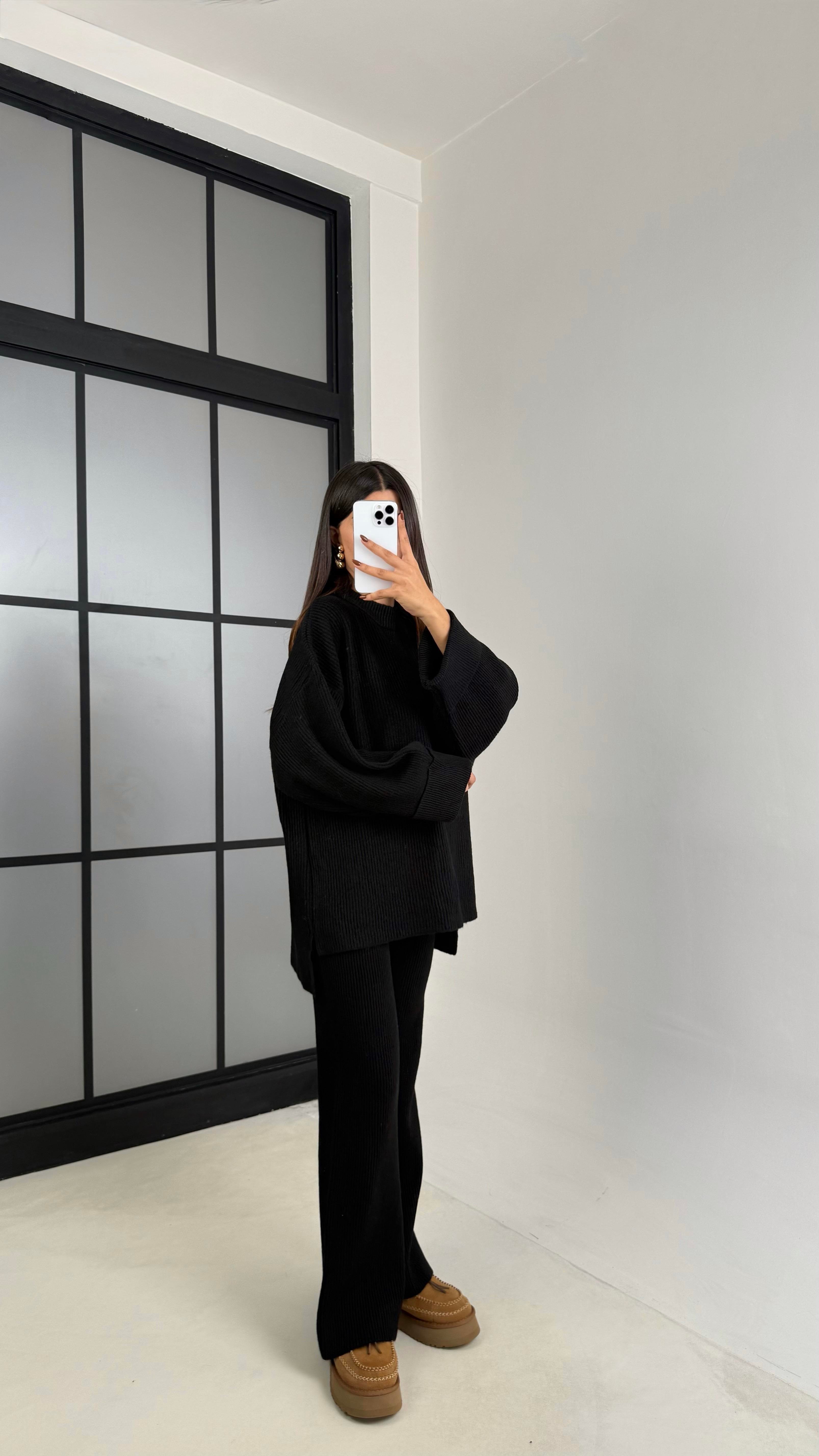 Siyah Duble Kol Kazak Beli Lastikli Pantolon Triko Takım GAUS-00200GAUSTAKIMGAUS-00200