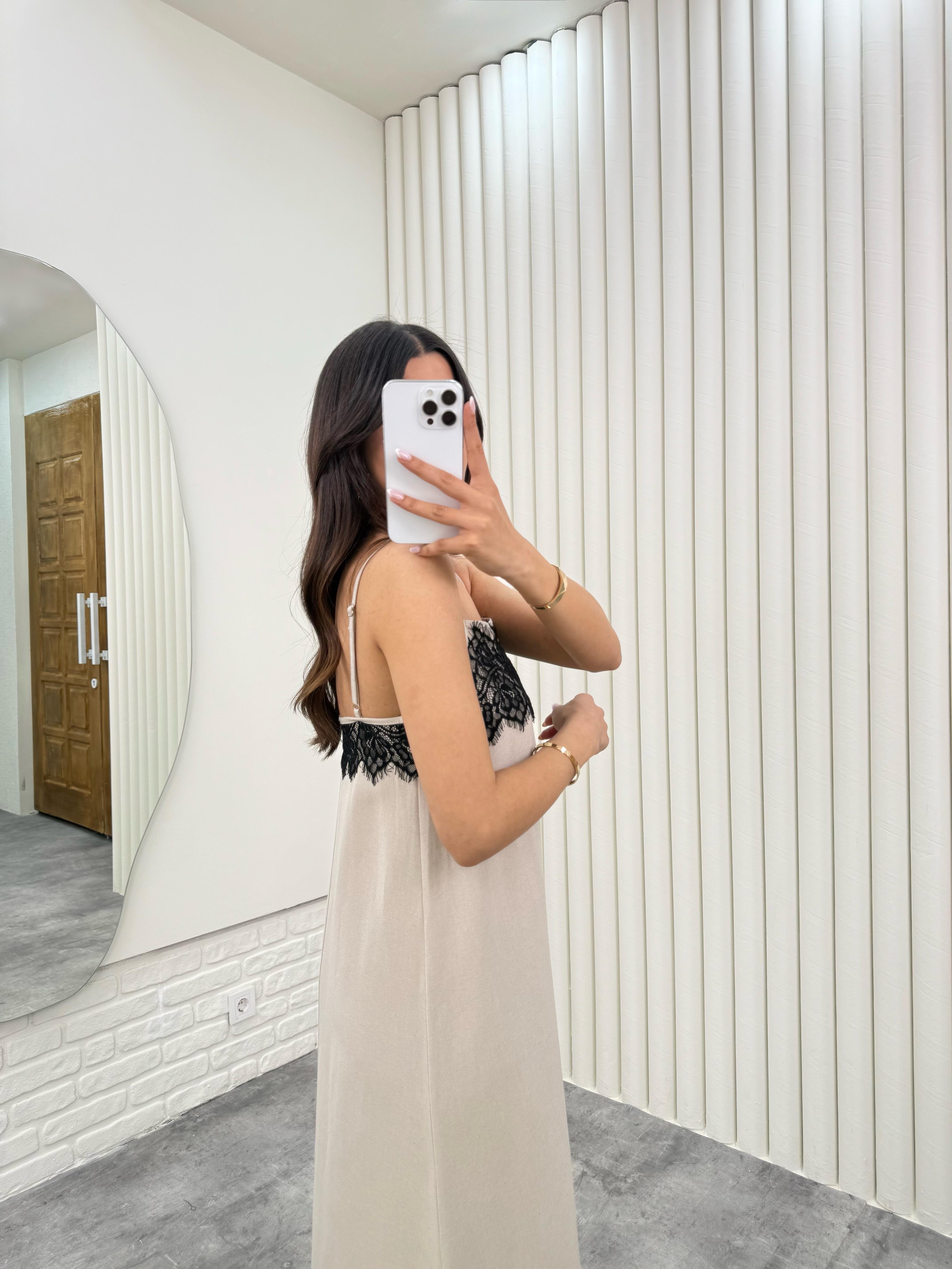 Taş Ayarlanabilir Askılı Dantel İşlemeli MD Muadil Keten Elbise Gaus00294GausELBİSEGU1001679