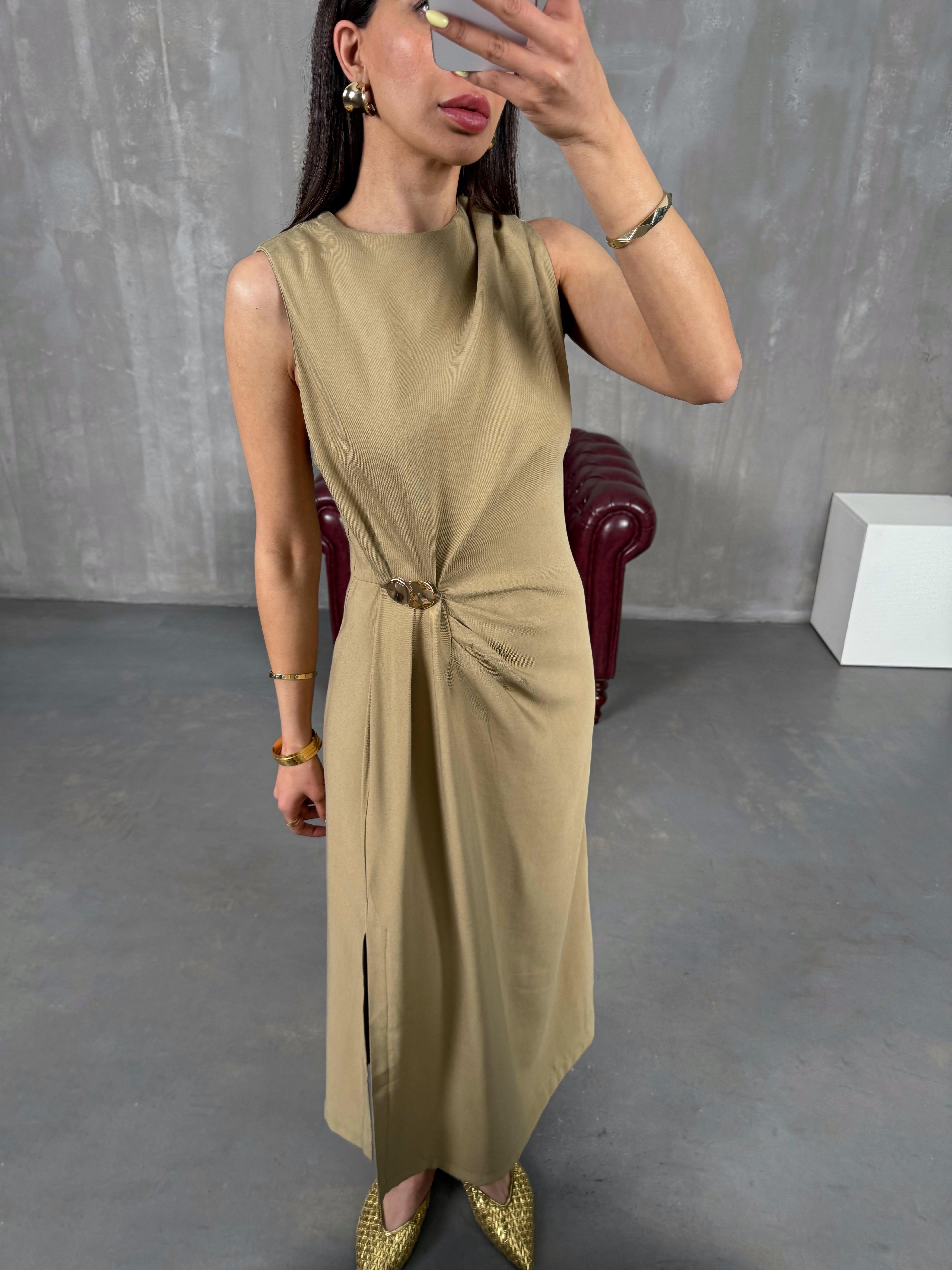 Haki Sıfır Kol Gold Detaylı Yırtmaçlı Elbise Gaus00141GausELBİSEGU1001325