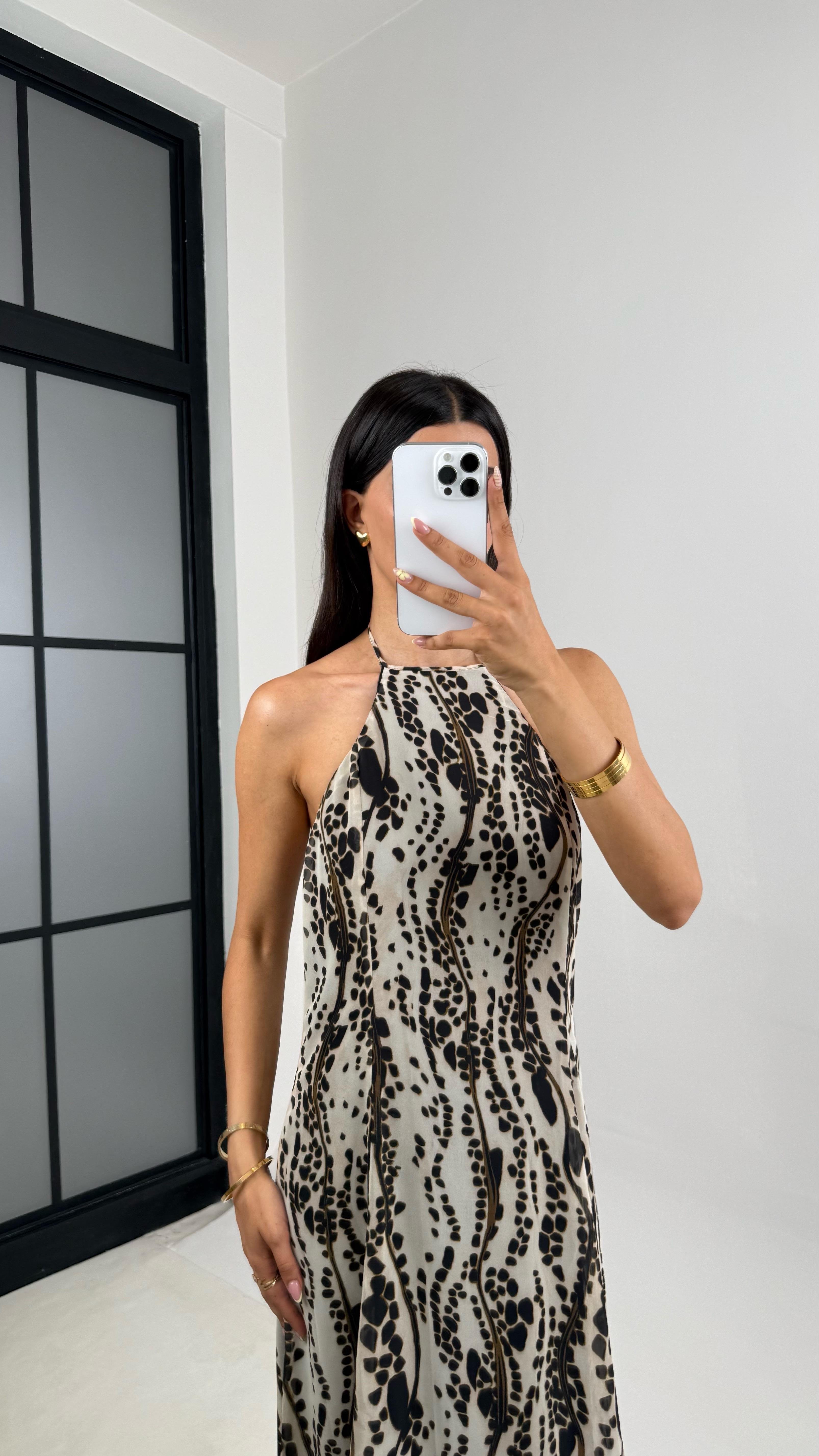 Ekru Desenli Boyundan Bağlamalı Astarlı Şifon Elbise Gaus00687GausELBİSEGU1002583