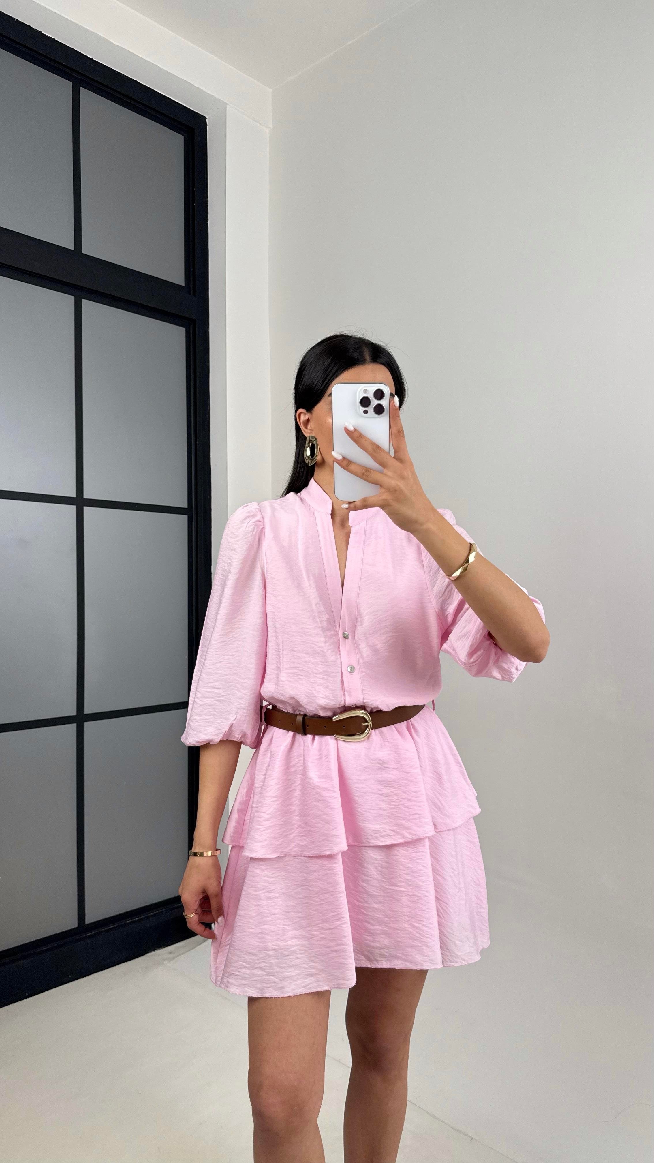 Pembe V Yaka Astarlı Kemerli Önü Düğmeli Tencel Elbise Gaus00450GausELBİSEGU1002049