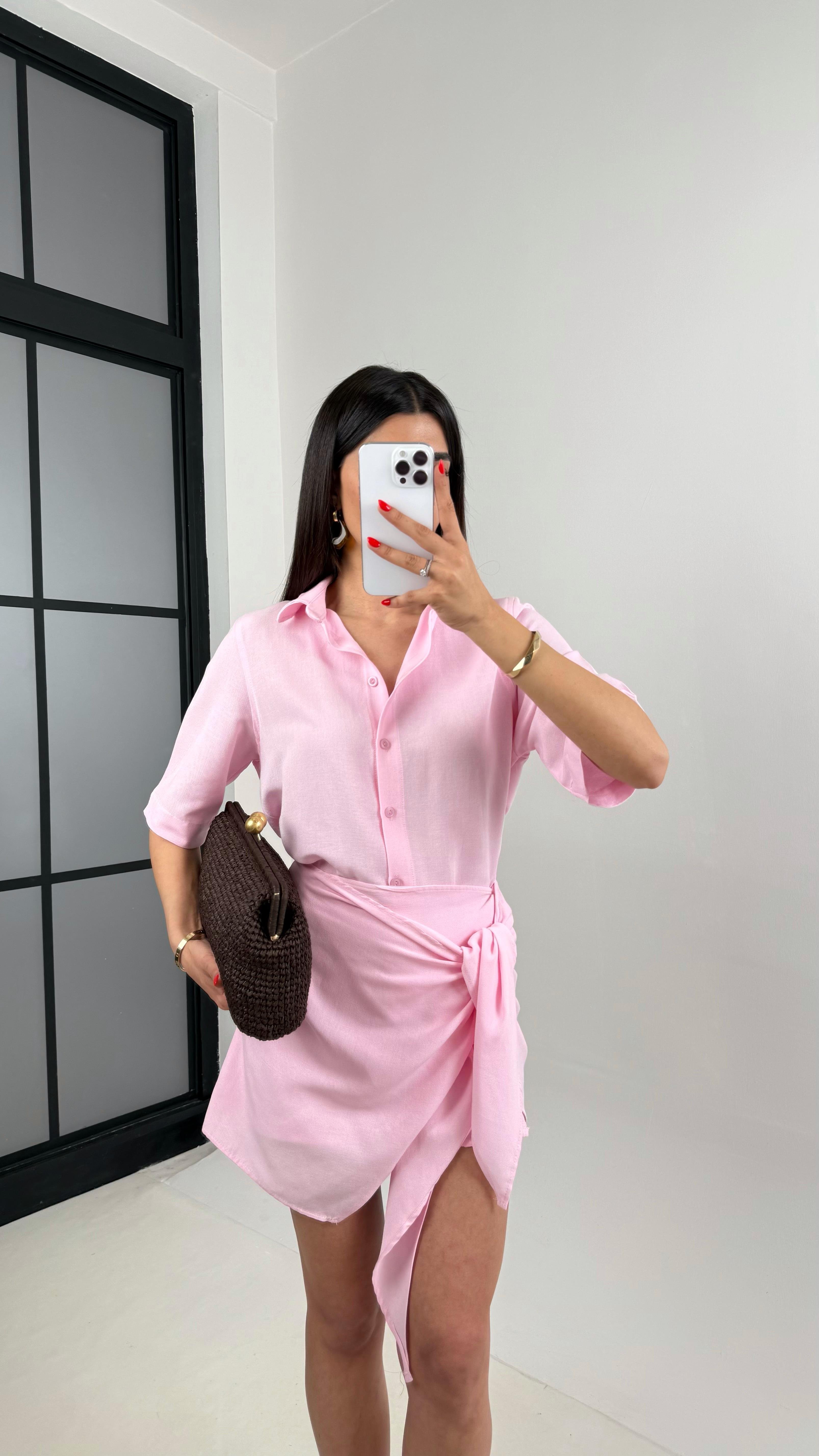 Pembe Önü Düğmeli Gömlek Beli Bağlama Detaylı Etek Keten Takım Gaus00459GausTAKIMGU1002071