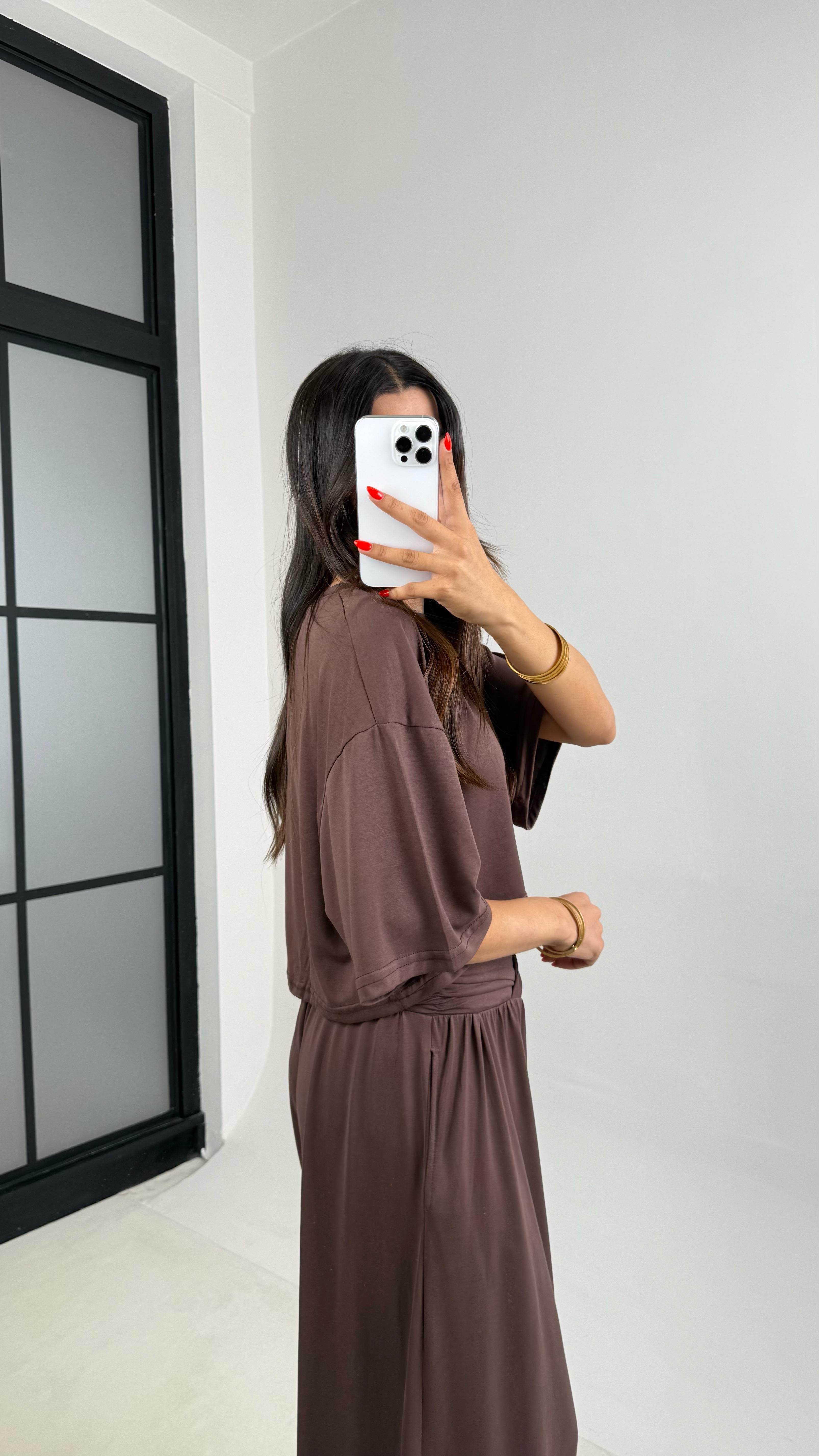 Kahve Bluz Beli Lastikli Pantolon OYS Muadil Modal Takım GAUS-0011GAUSTAKIMGAUS-0011