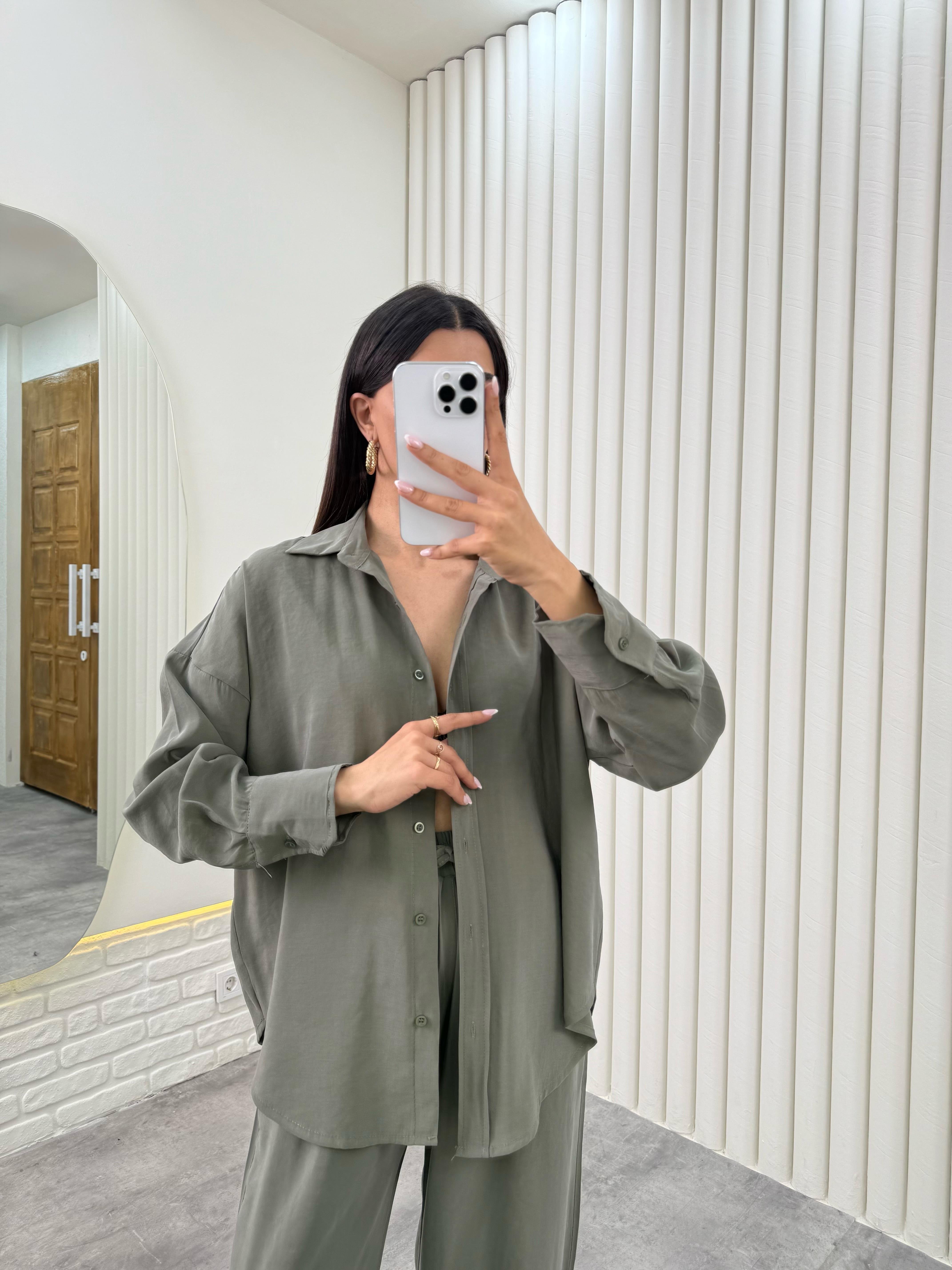 Haki Gömlek Beli Lastikli Pantolon Premium Tensel Takım Gaus00322GausTAKIMGU1001745