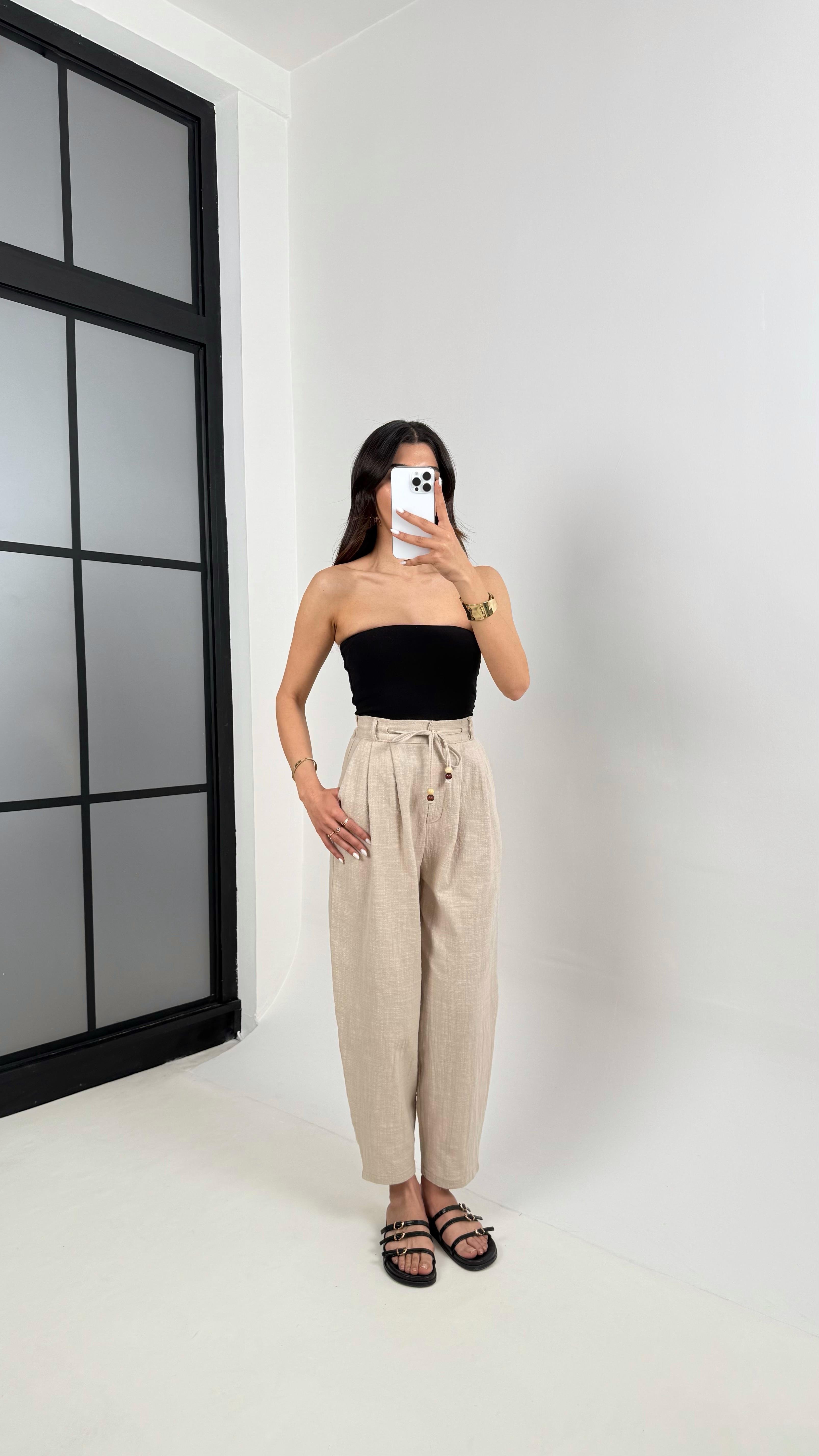 Taş Cepli Kuşaklı Balon Keten Pantolon Gaus00383GausPANTOLONGU1001892