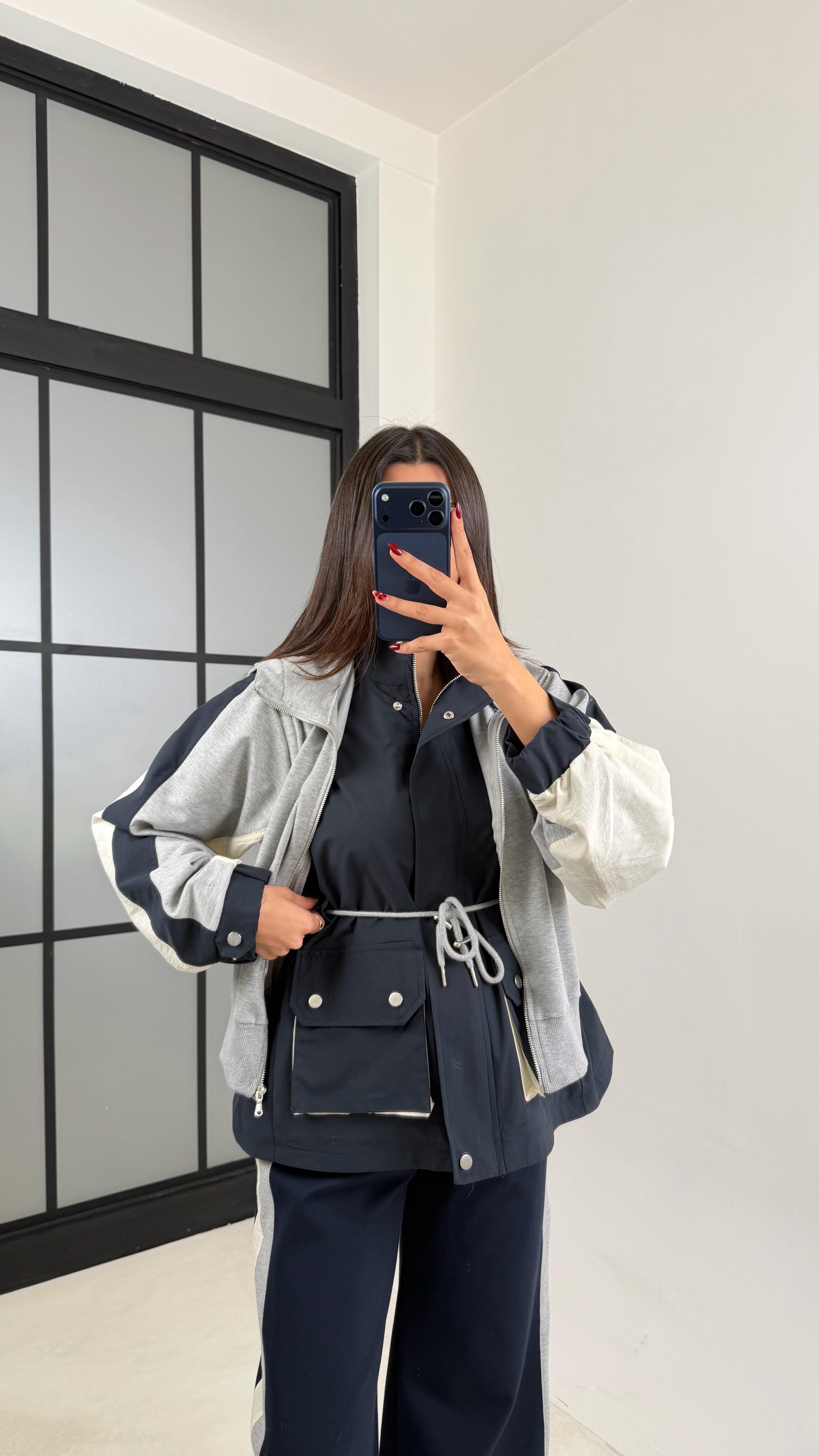 Lacivert Garnili Ceket Beli Lastikli Pantolon İkili Tasarım Takım GAUS-00699GAUSTAKIMGAUS-00699