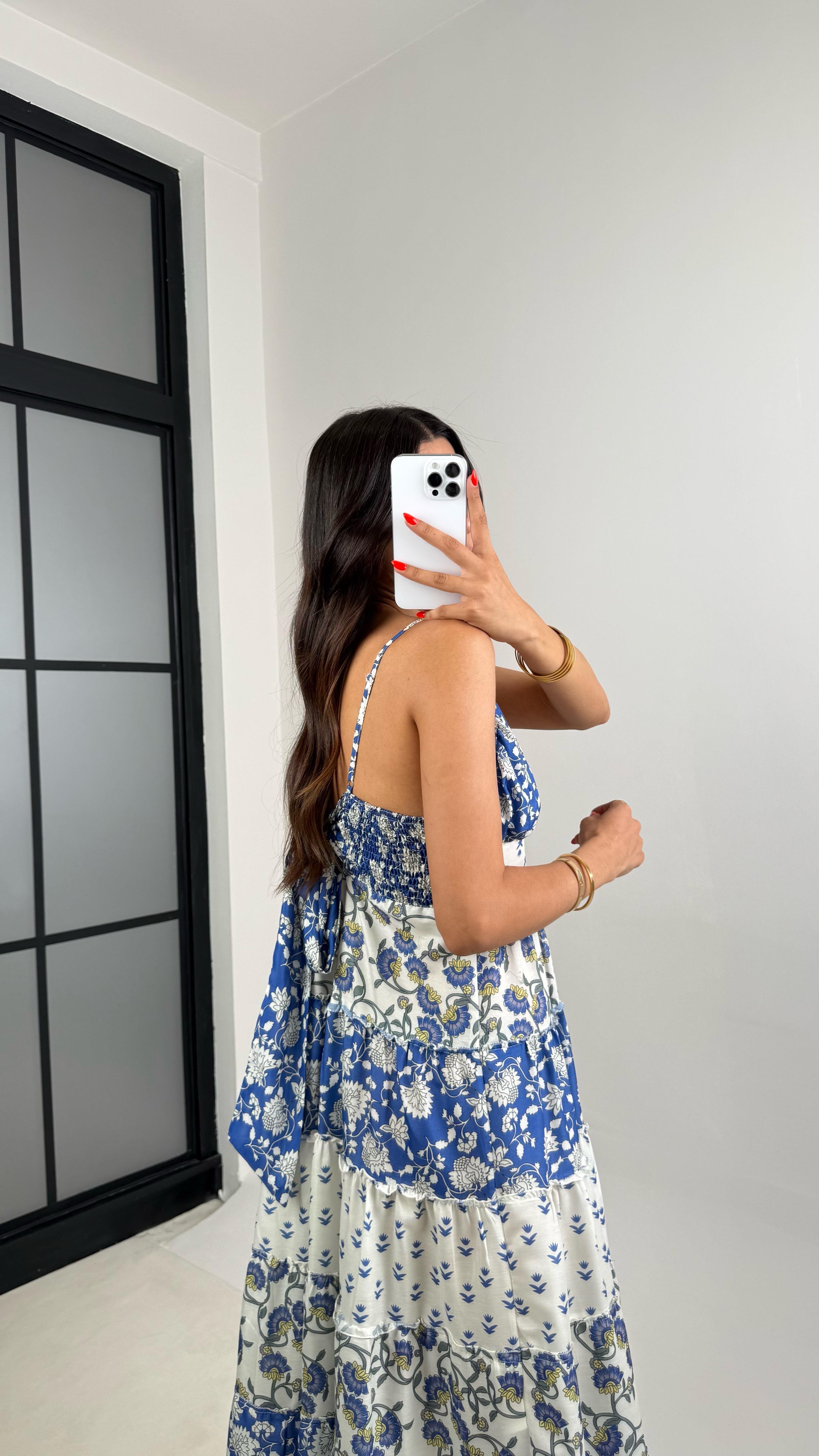 Mavi Ayarlanabilir Askılı Mavi Çiçek Desenli Elbise GAUS-006GAUSELBİSEGAUS-006