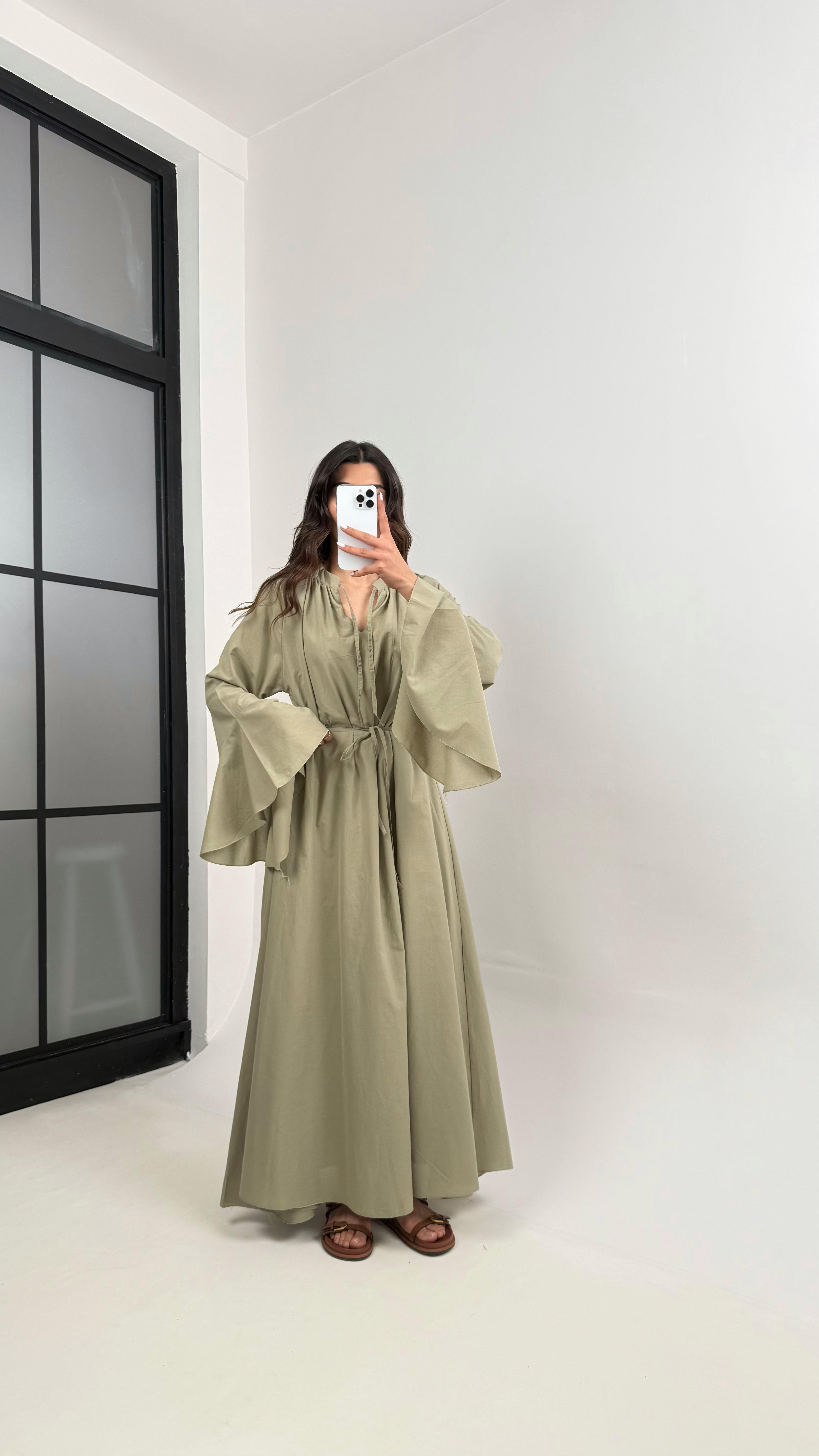 Haki Önü Bağlamalı Kuşaklı Astarlı Vual Kumaş Elbise Gaus00344GausELBİSEGU1001801