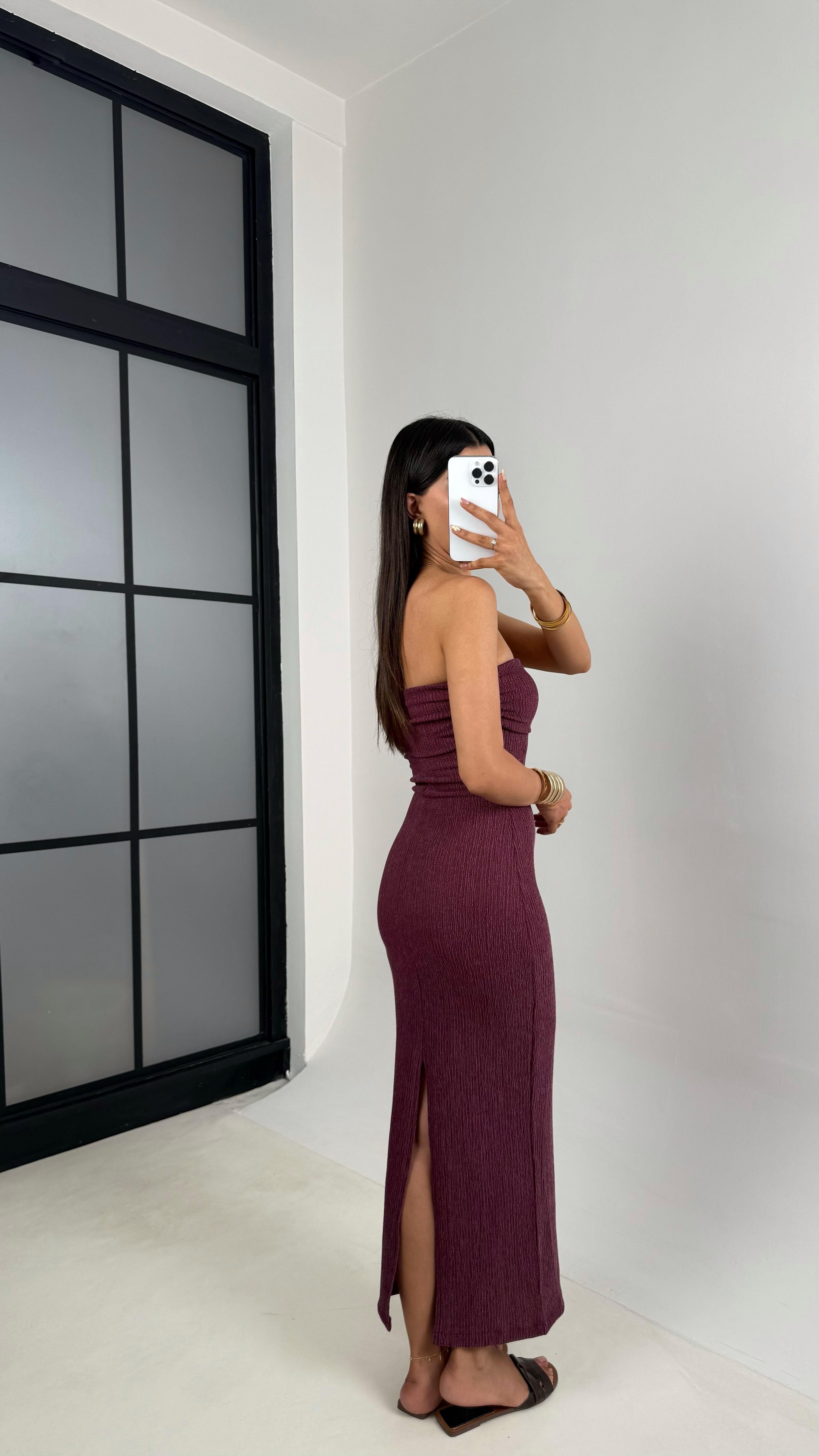 Mürdüm Straplez Yırtmaçlı Bürümcük Elbise Gaus00645GausELBİSEGU1002499