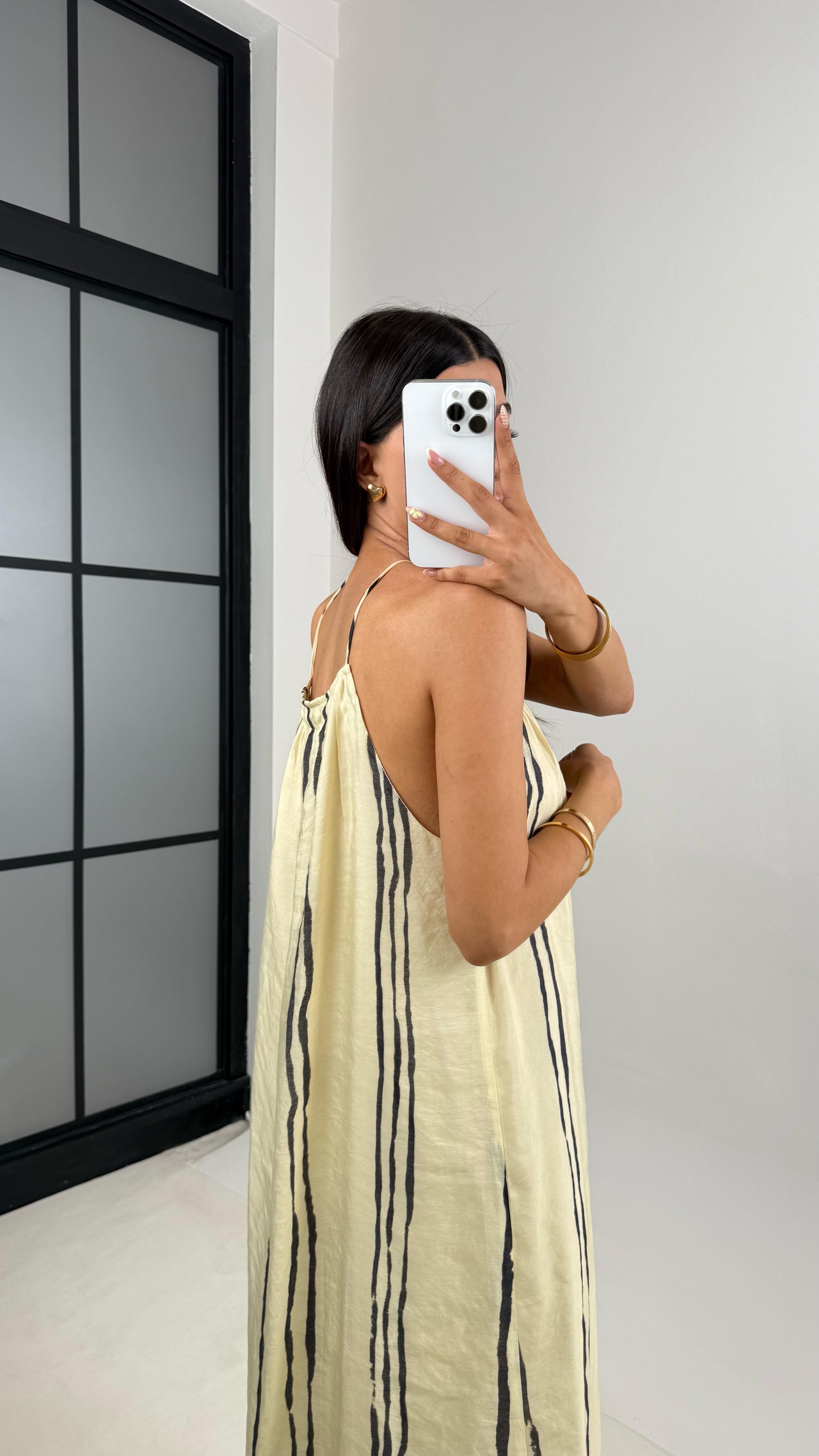 Krem Şerit Detaylı Askılı Astarlı Şifon Elbise Gaus00686GausELBİSEGU1002582