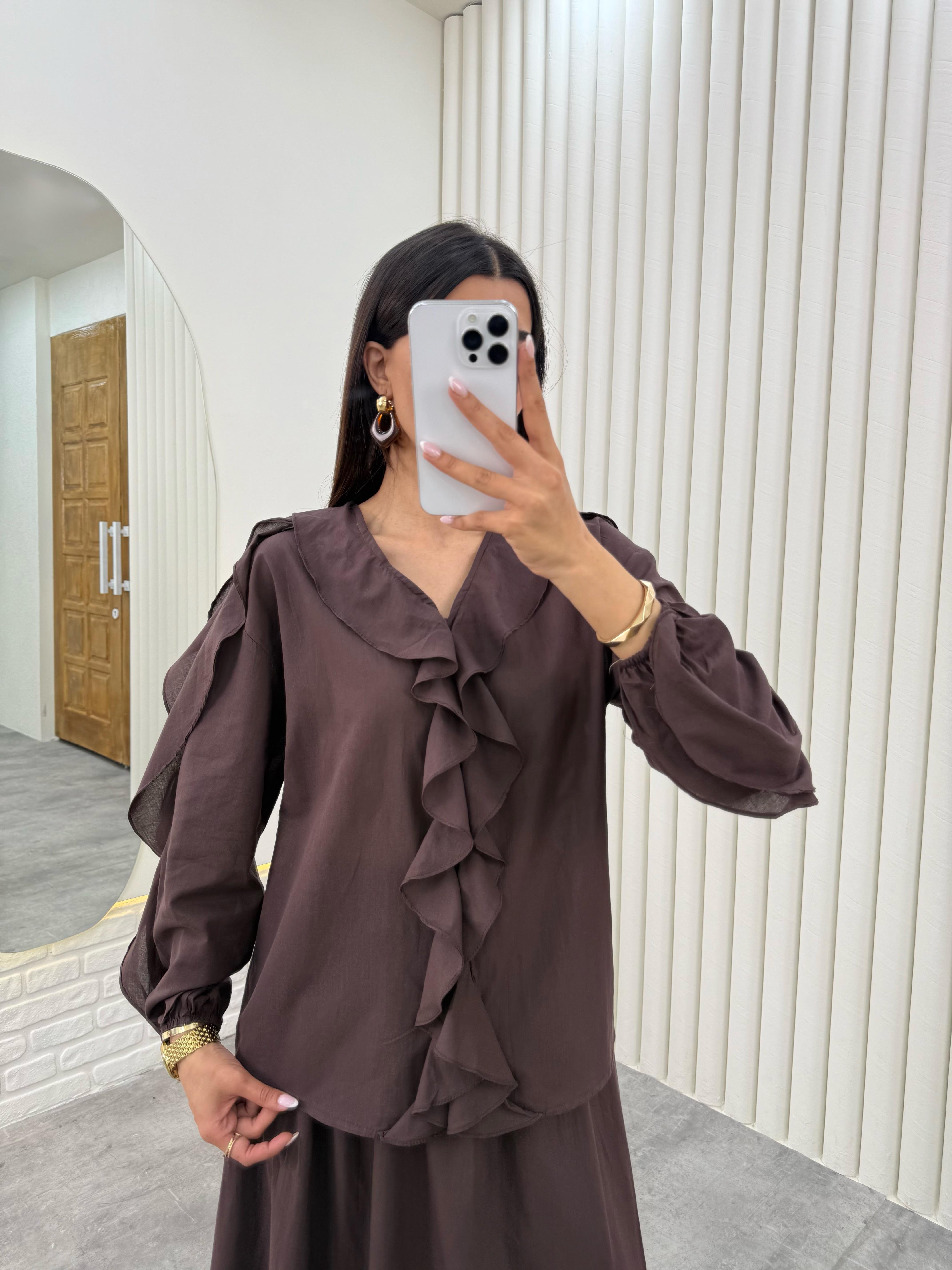 Acı Kahve  Önü Düğmeli Fırfırlı Üst Beli Lastikli Astarlı Etek Vual İkili Takım Gaus00321GausTAKIMGU1001744