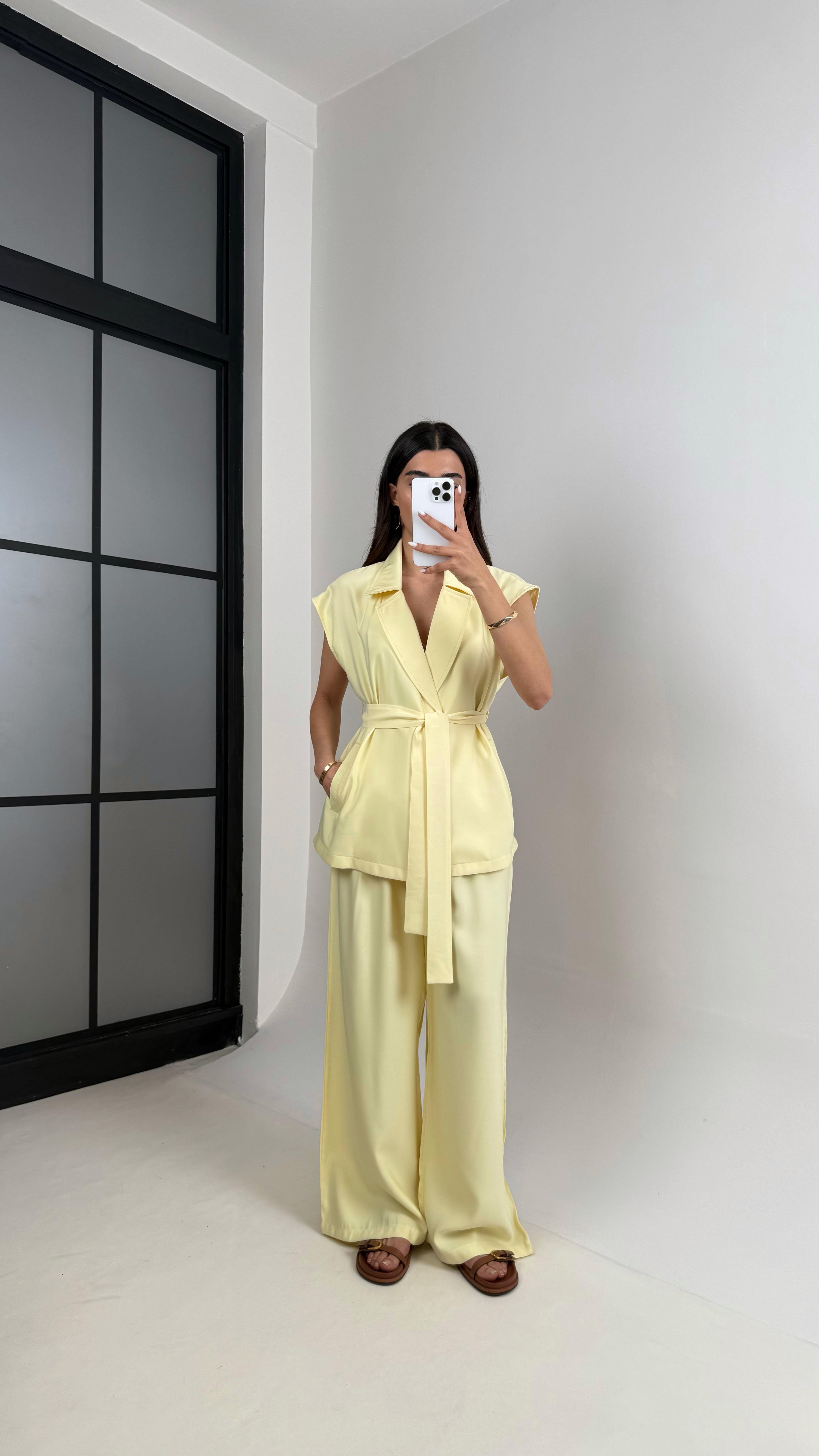 Sarı Cepli Kuşaklı Yelek Beli Lastikli Pantolon Tencel Takım Gaus00433GausTAKIMGU1002006