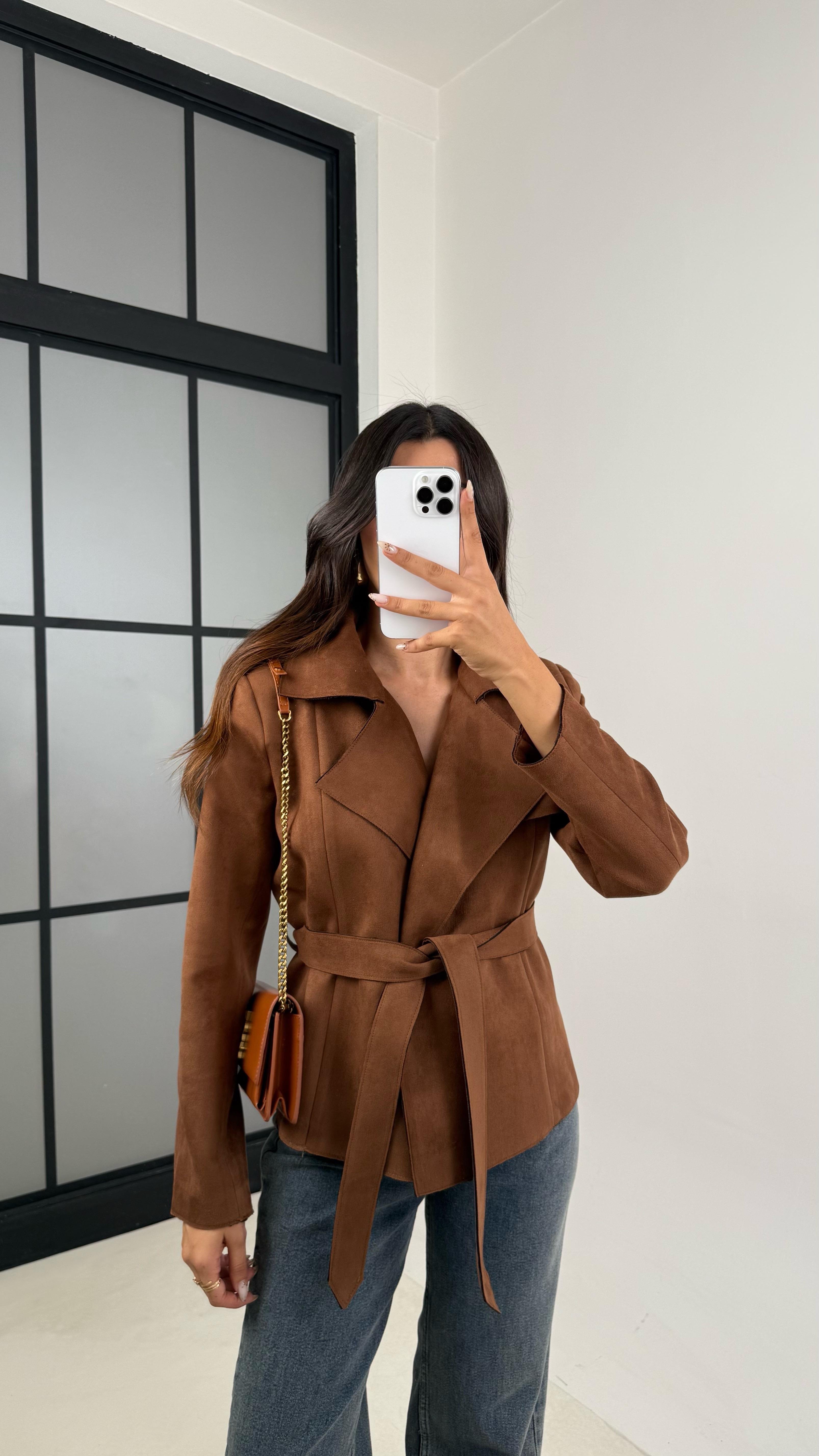 Kahve Vatkalı Kuşaklı Süet Ceket GAUS-00130GAUS السترات  GAUS-00130