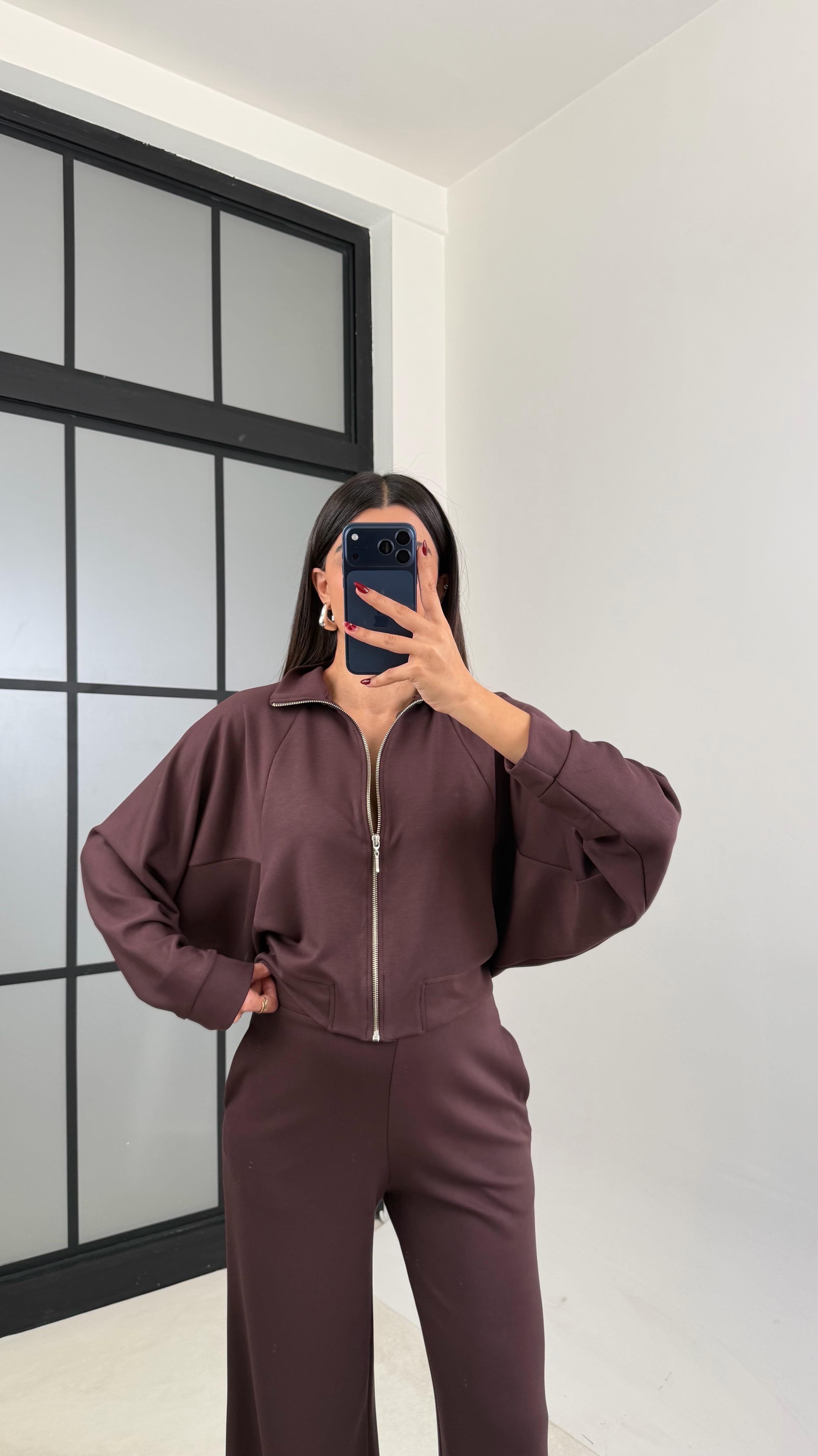 Acı Kahve Fermuarlı Hırka Beli Lastikli Pantolon Modal Takım GAUS-00665GAUSTAKIMGAUS-00665